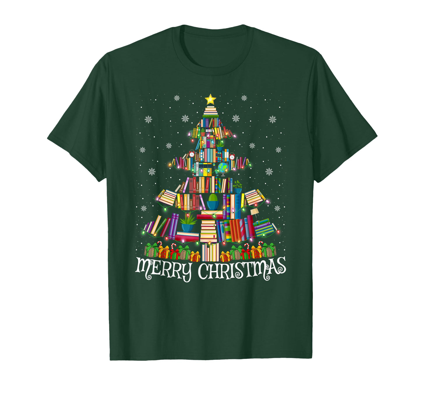 Book Christmas Tree Pajamas Xmas Lights Librarian Teacher T-Shirt