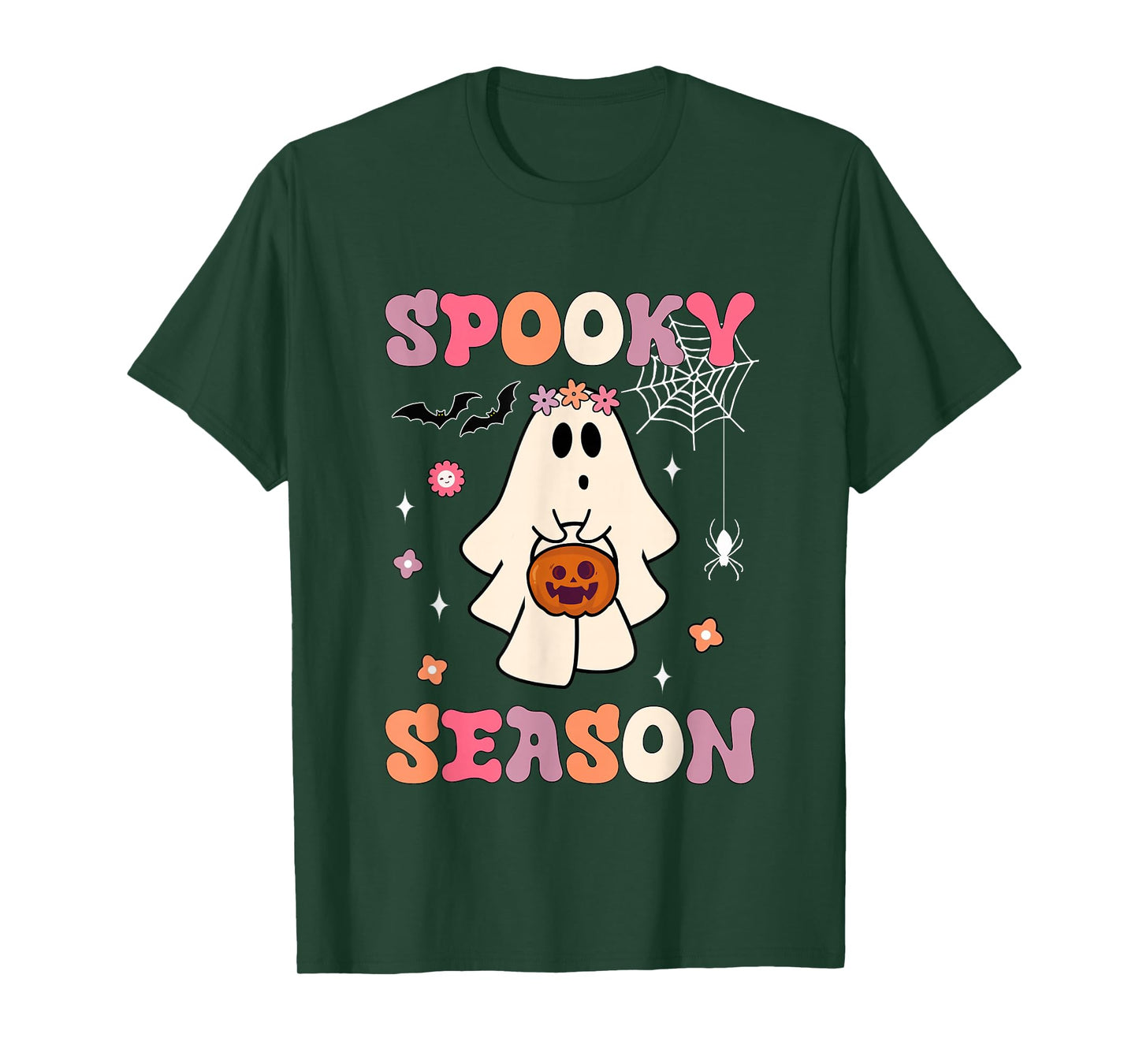 Funny Ghost Holding Pumpkin Halloween Groovy Spooky Season T-Shirt