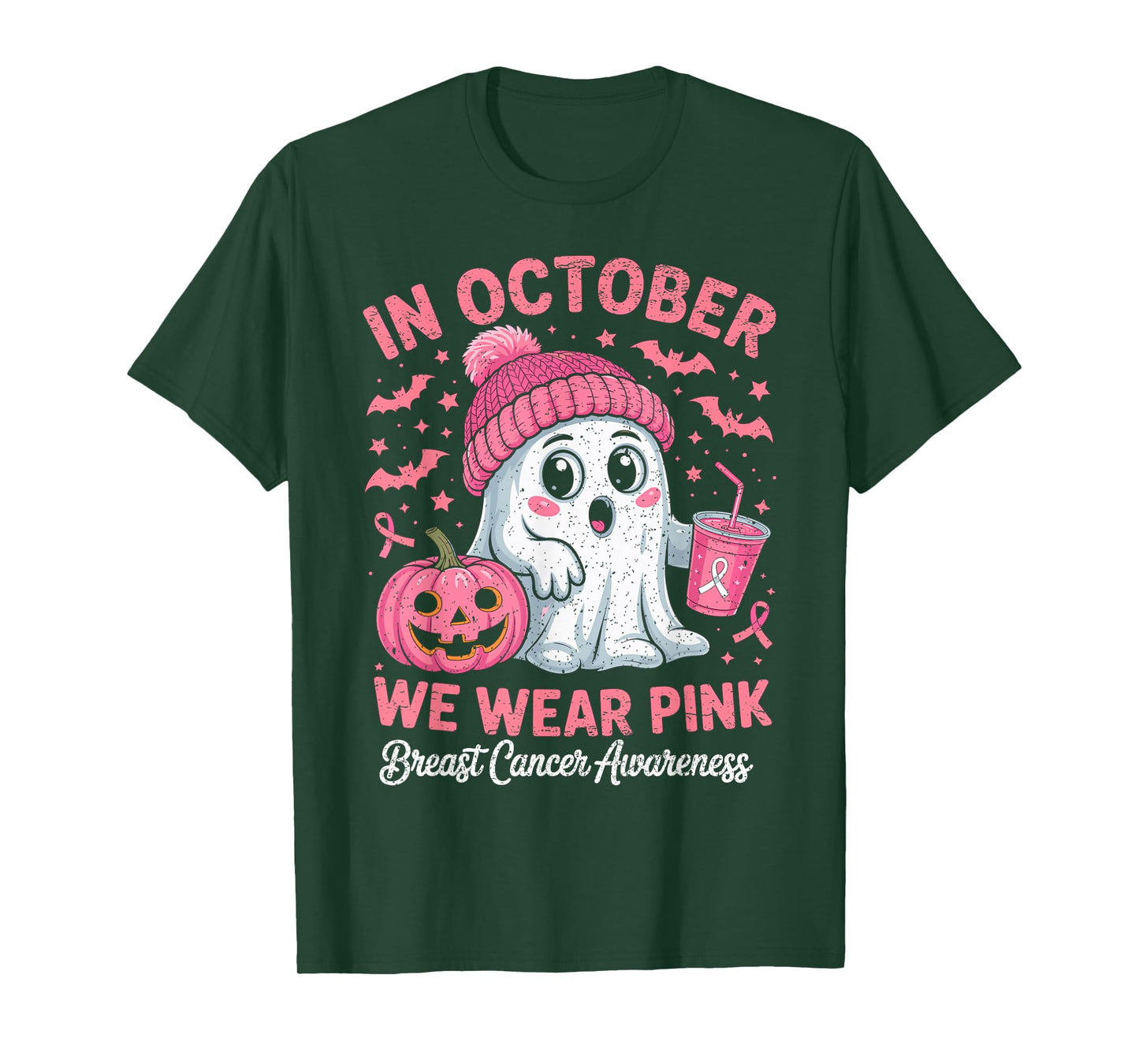 in October We Wear Pink Ghost Tea Breast Cancer Awareness T-Shirt