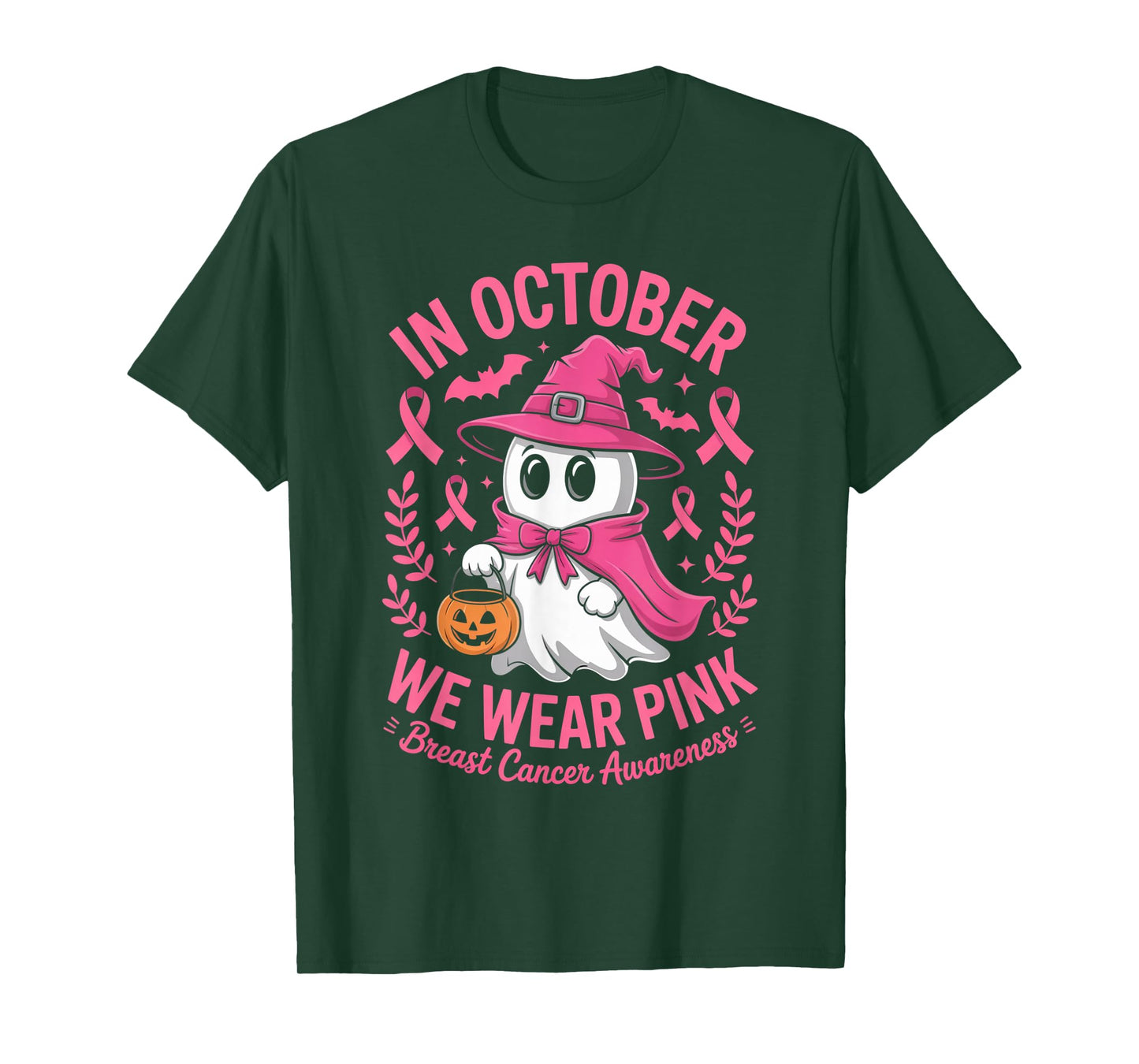 in October We Wear Pink Ghost Witch Breast Cancer Awareness T-Shirt