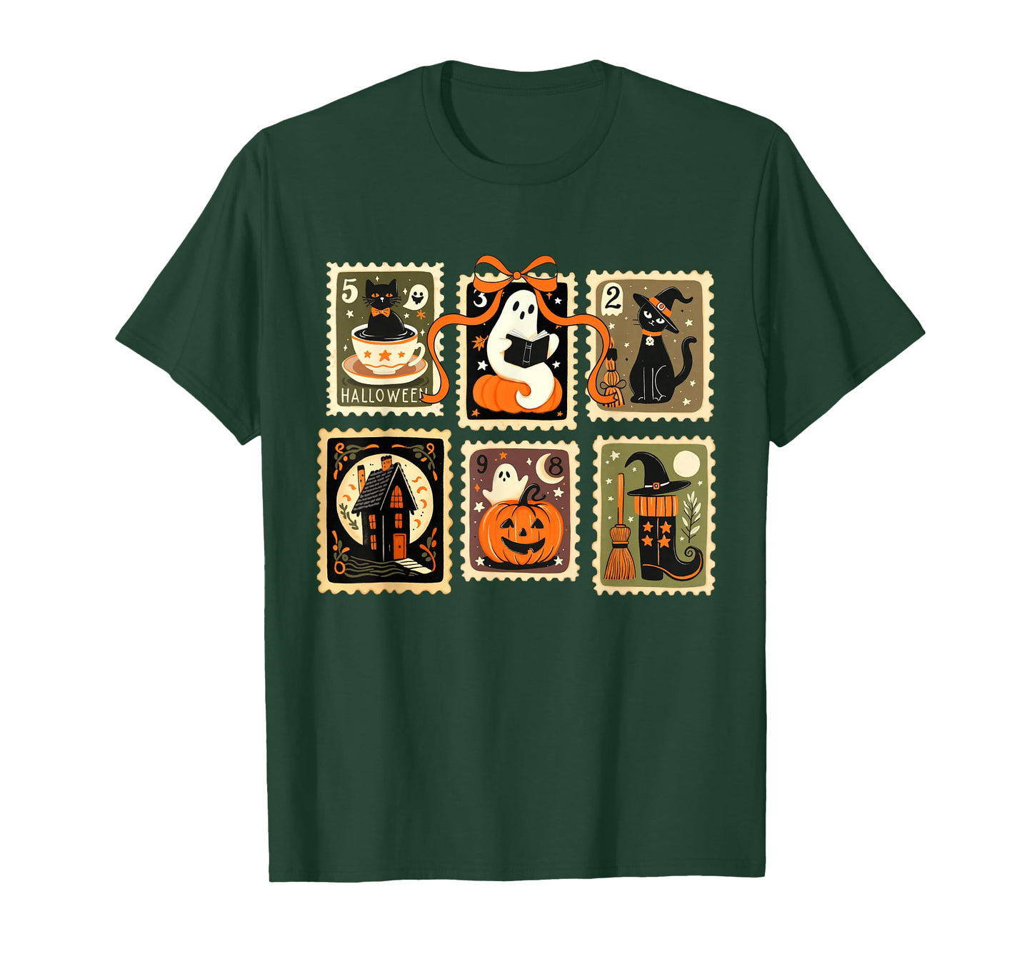 Halloween Stamp Spooky Ghost Cat Pumpkin Bow Vintage T-Shirt