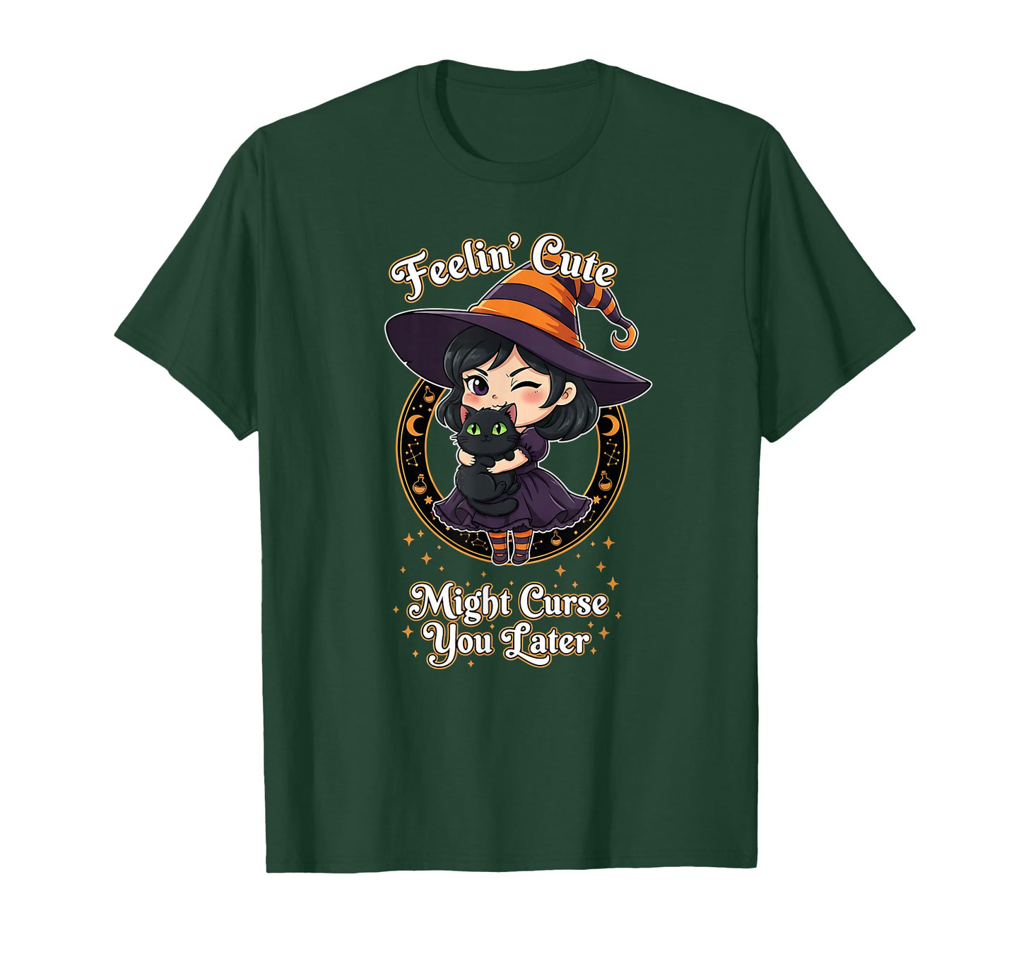 Spooky Black Colored Cat Witch T-Shirt