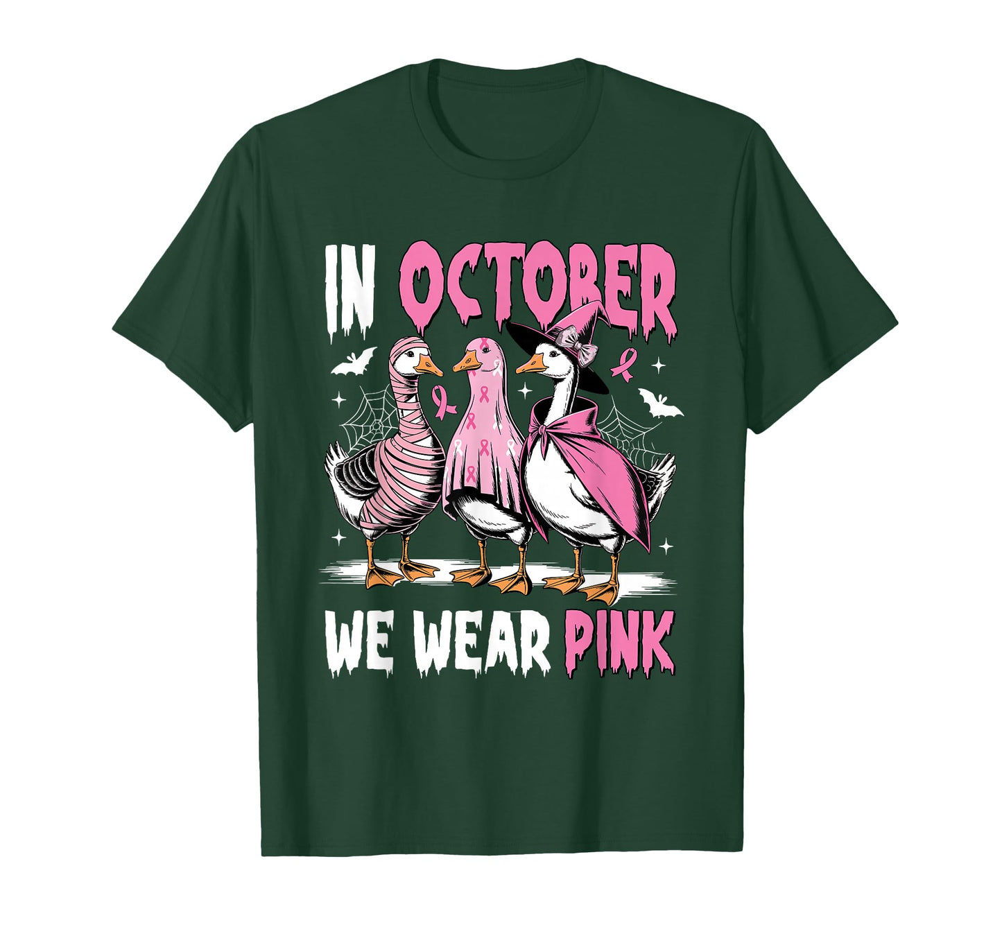 in October We Wear Pink Breast Cancer Halloween Silly Goose T-Shirt