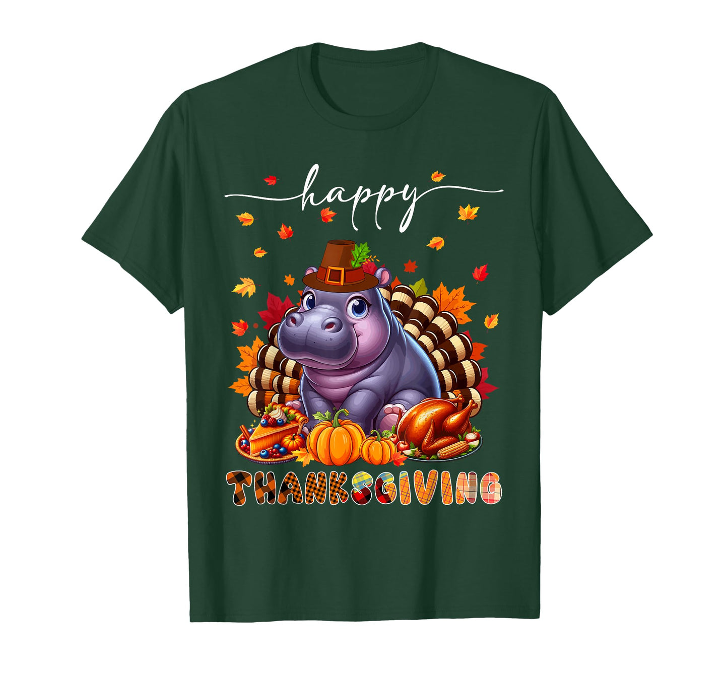 Happy Thanksgiving Hippo Costume Turkey Fall Leaves Food T-Shirt