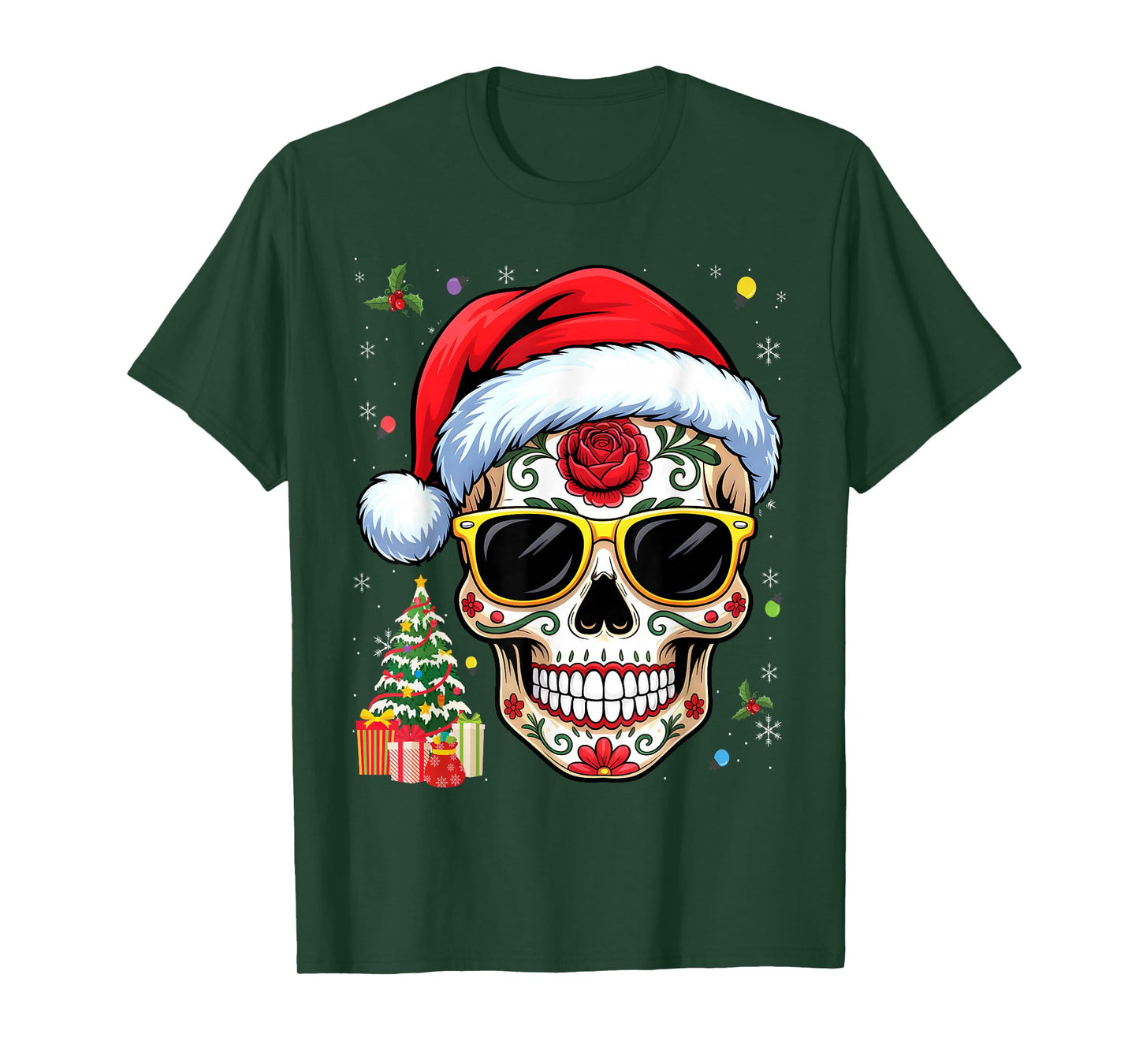 Christmas Hat Santa Day of The Dead Sugar Skull Party T-Shirt