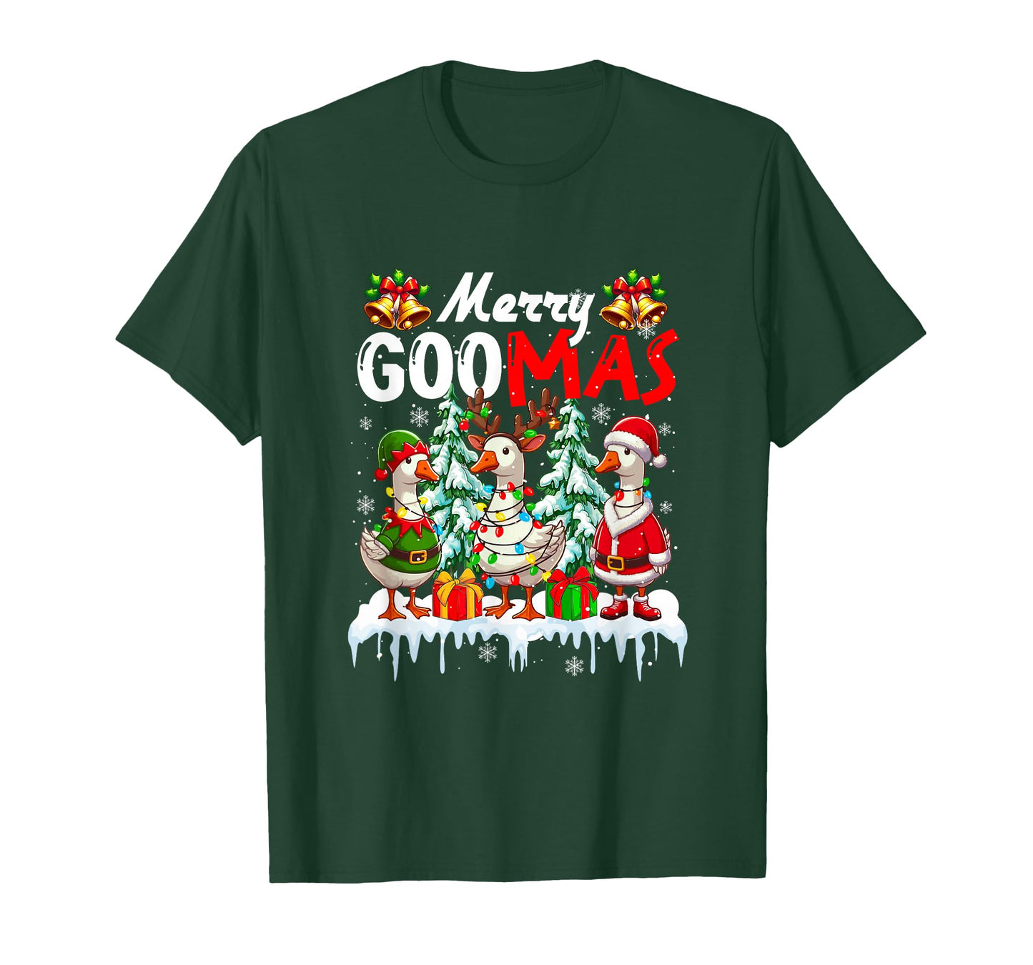Merry Christmas Snow Three Santa Reindeer Elf Gooses Farmer T-Shirt
