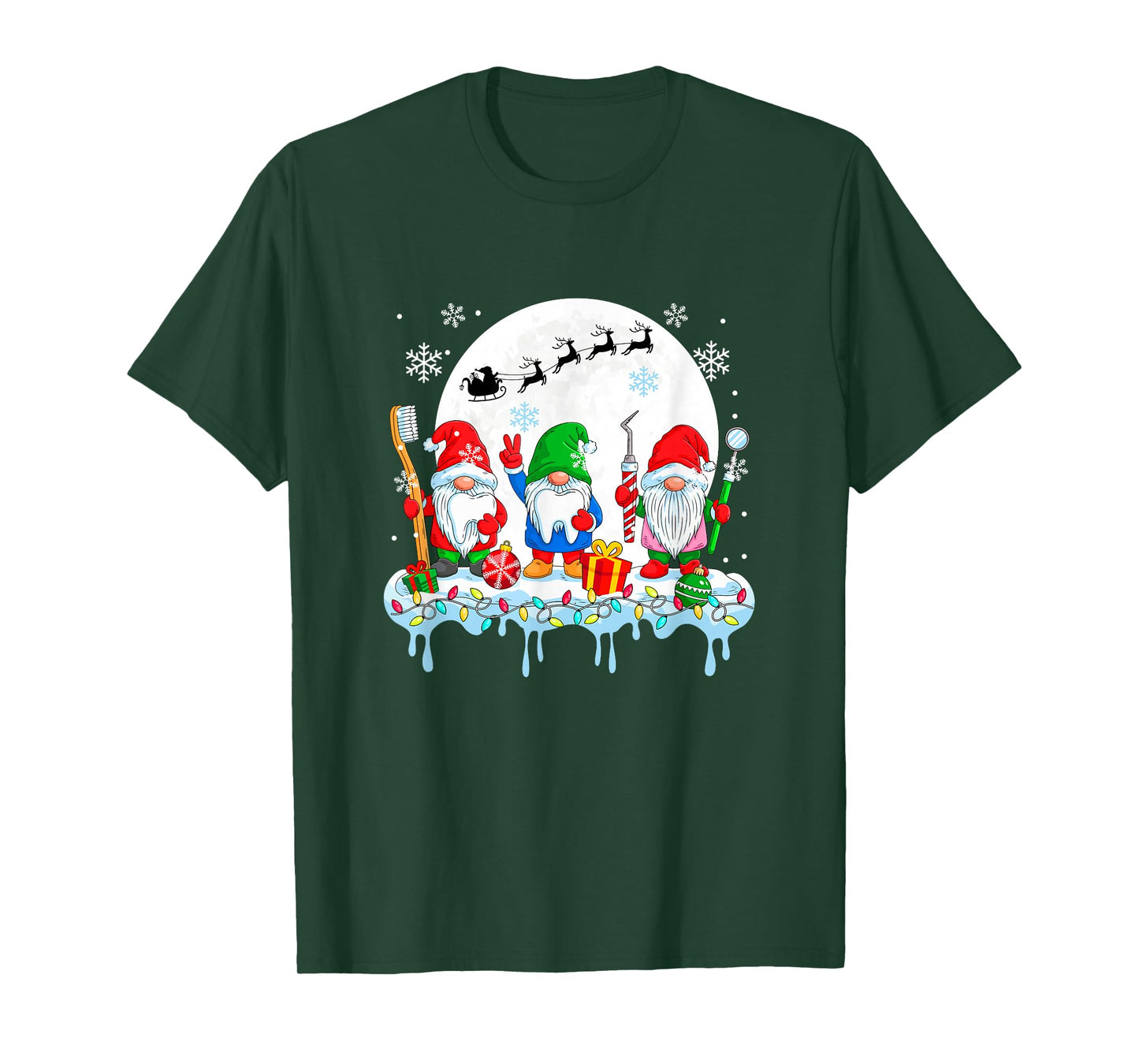 Three Colorful Gnomes with Dentist Tools Christmas Job Team T-Shirt
