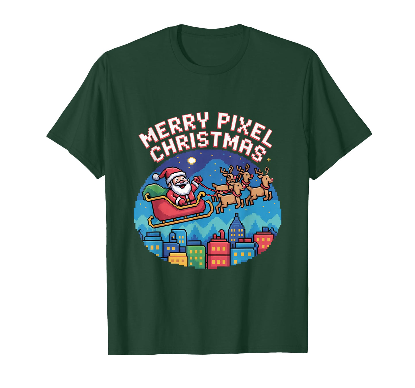 Merry Pixel Christmas Retro Santa Sleigh Pixel Art T-Shirt
