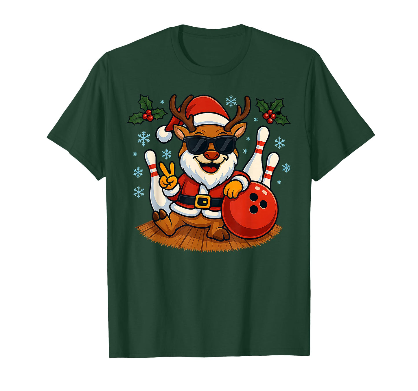 Cute Santa Reindeer Bowling Christmas Funny Holiday Vibes T-Shirt