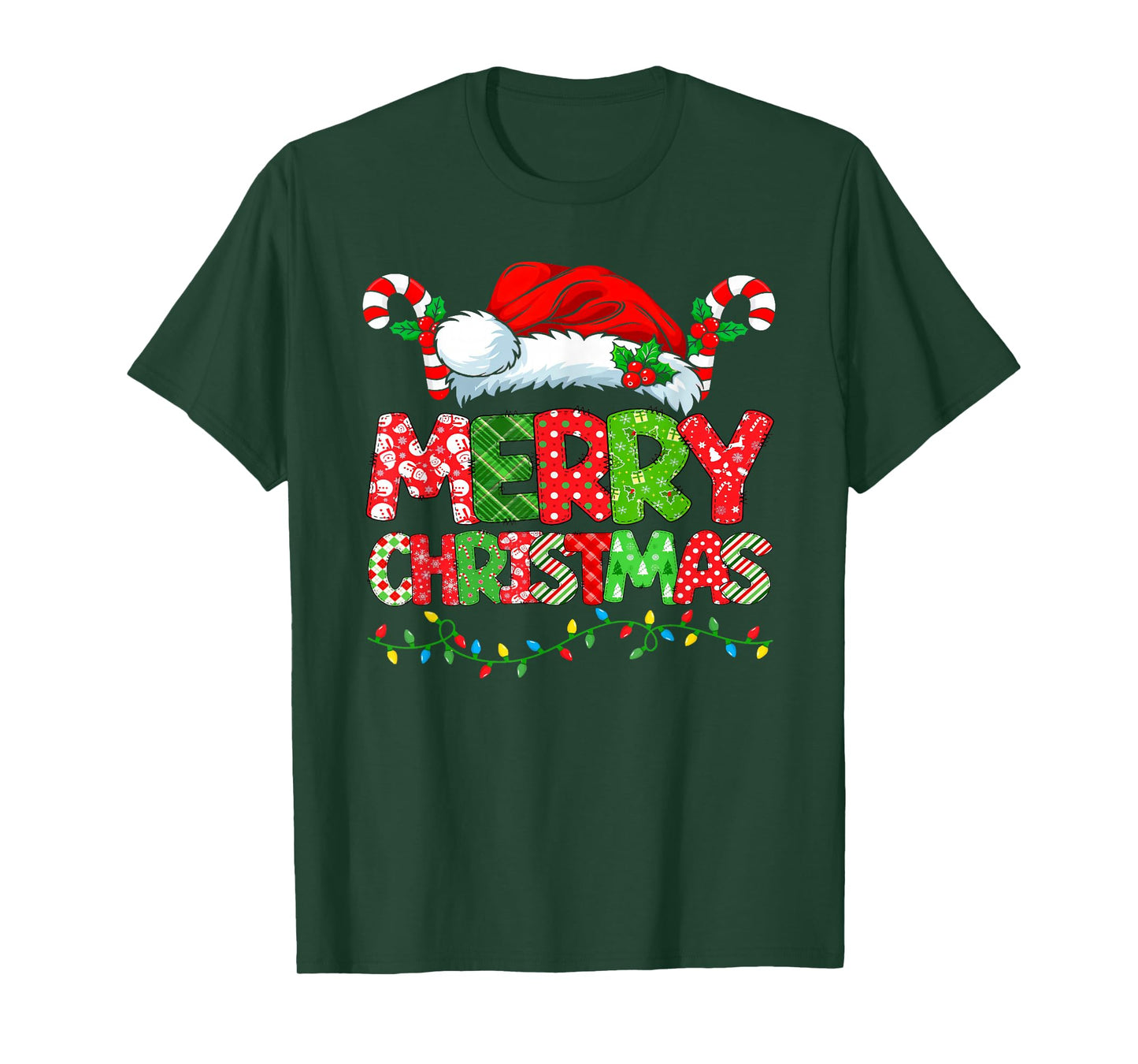 Merry Christmas Santa Hat Candy Cane Festive Holiday Lights T-Shirt