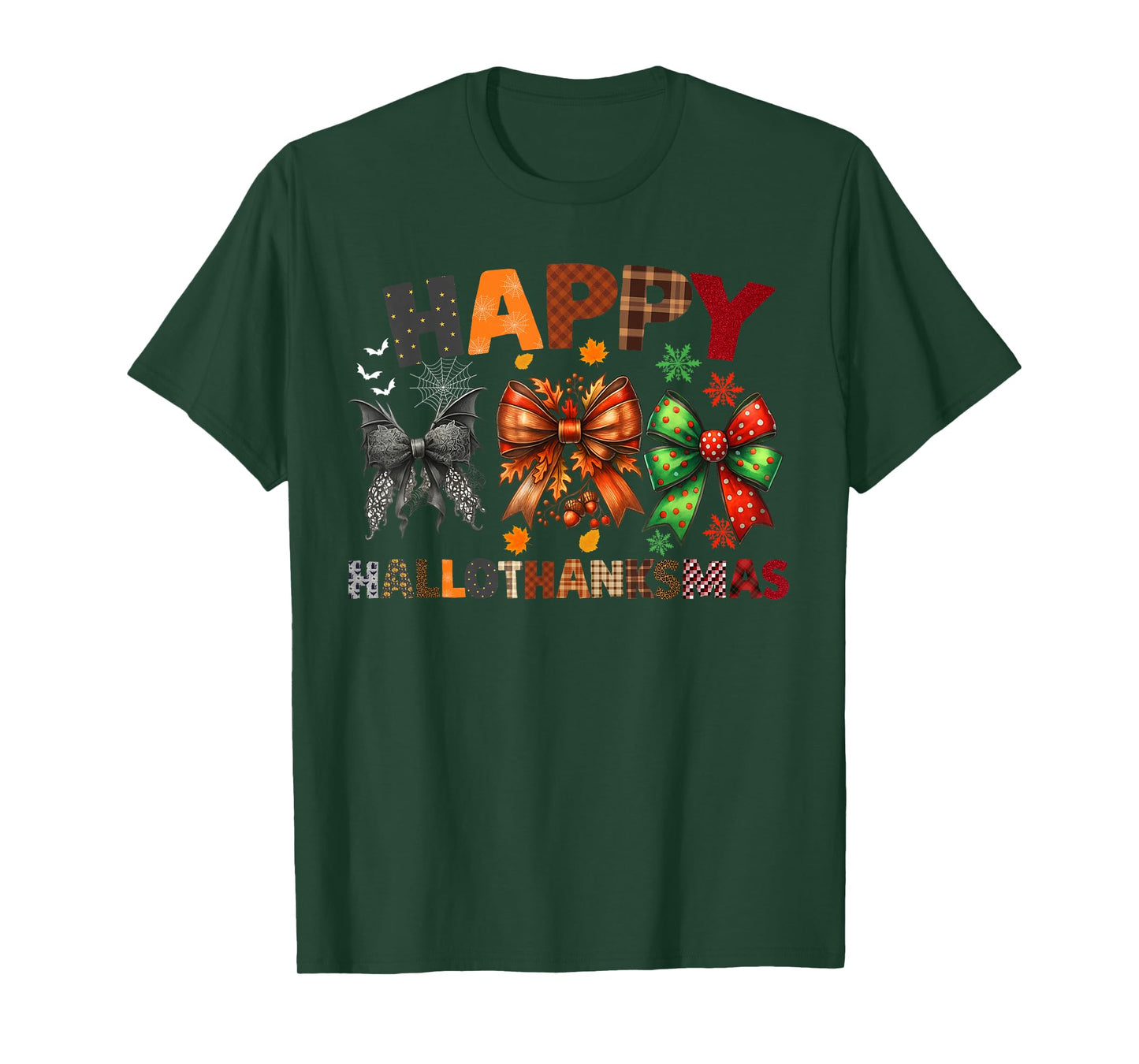 Halloween Bows Thanksgiving Christmas Happy HalloThanksMas T-Shirt
