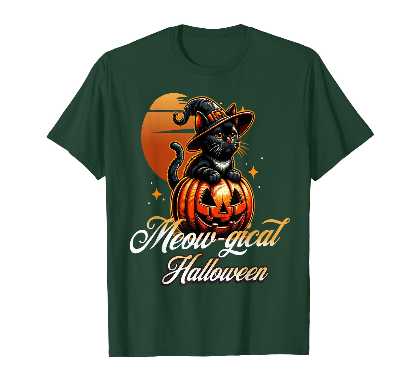 Meowgical Halloween Cute Cat Pumpkin Night Scene T-Shirt
