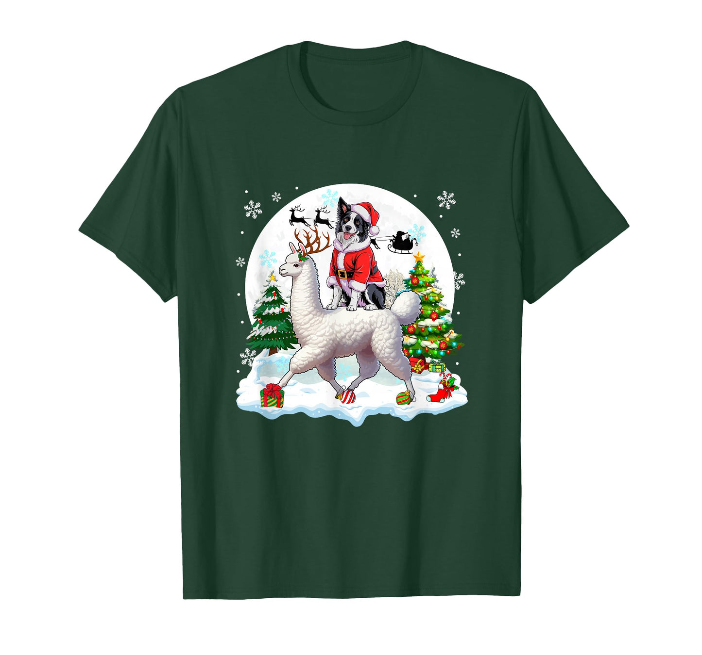 Santa Border Collie Riding Llama Reindeer Christmas Owner T-Shirt