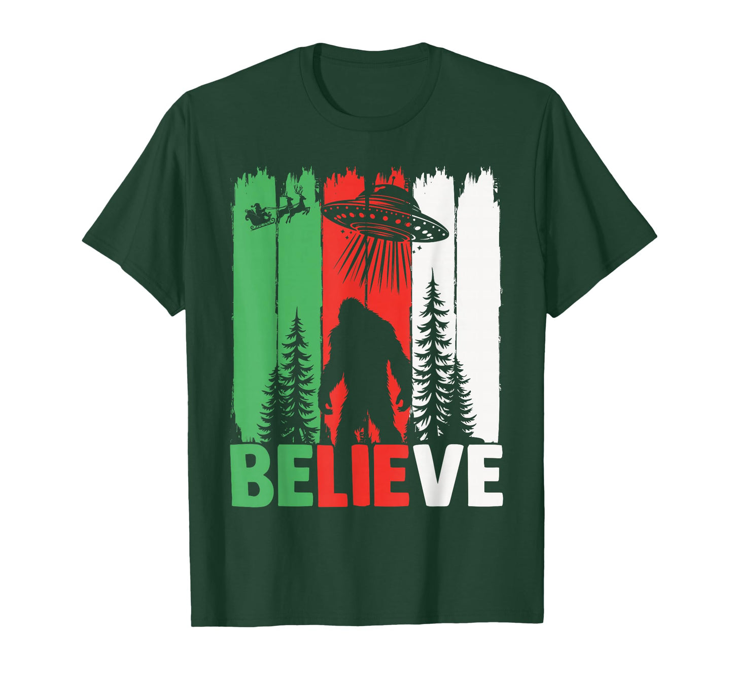 Bigfoot Believe UFO Aliens Santa Claus Reindeer Christmas T-Shirt