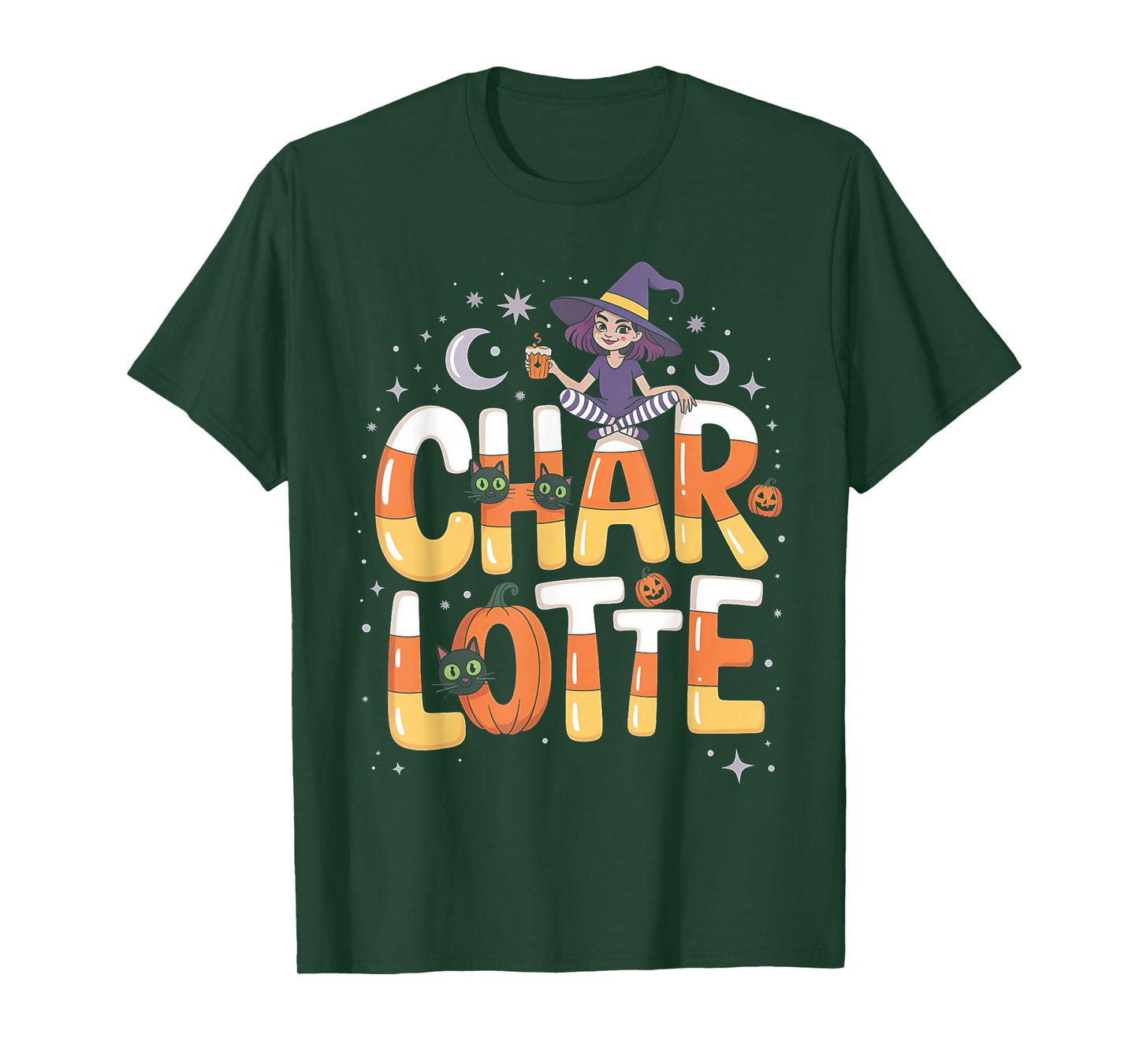 Charlotte Witch Candy Corn Cat Halloween Women and Girls T-Shirt