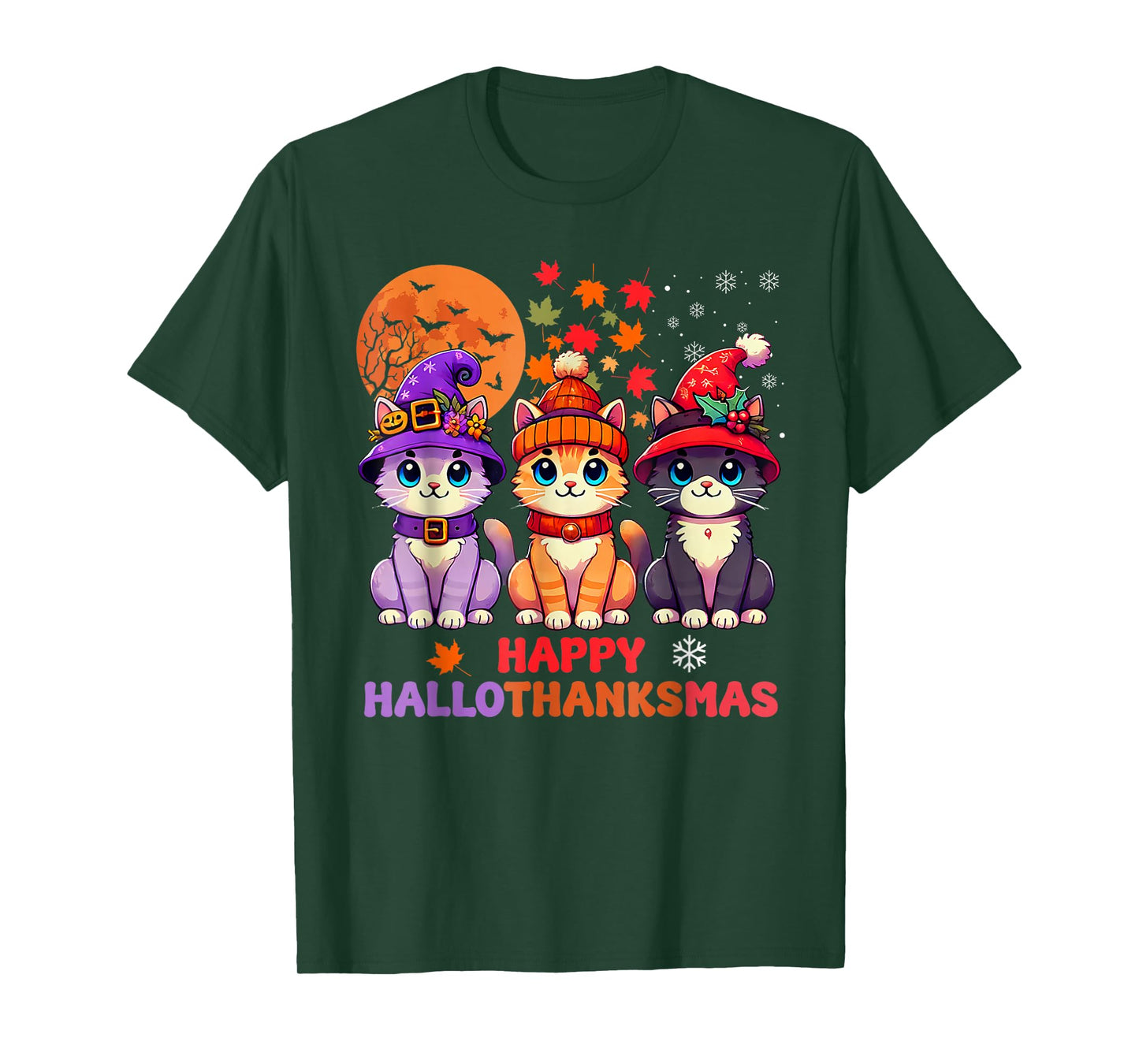 Halloween Thanksgiving Christmas Happy HalloThanksMas Cats T-Shirt