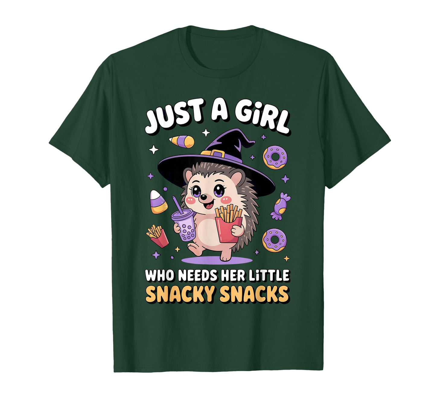 Just a Girl Snacky Snacks Shirt Halloween Hedgehog Witch Hat T-Shirt