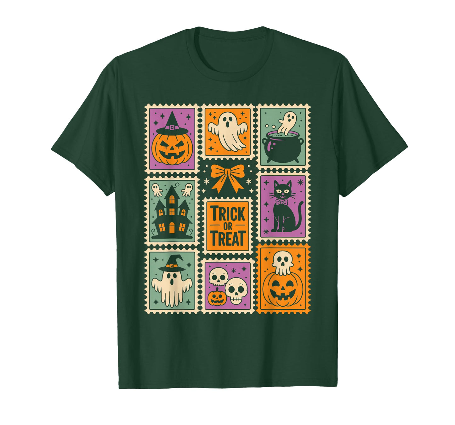 Halloween Stamps Spooky Pumpkin Ghost Cat Witch Skeleton T-Shirt
