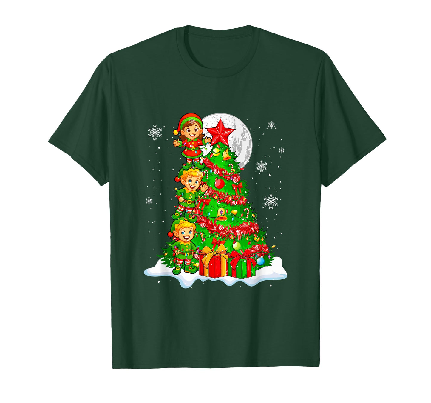 Three Cute Elf Decorating Christmas Tree Colorful Lights T-Shirt