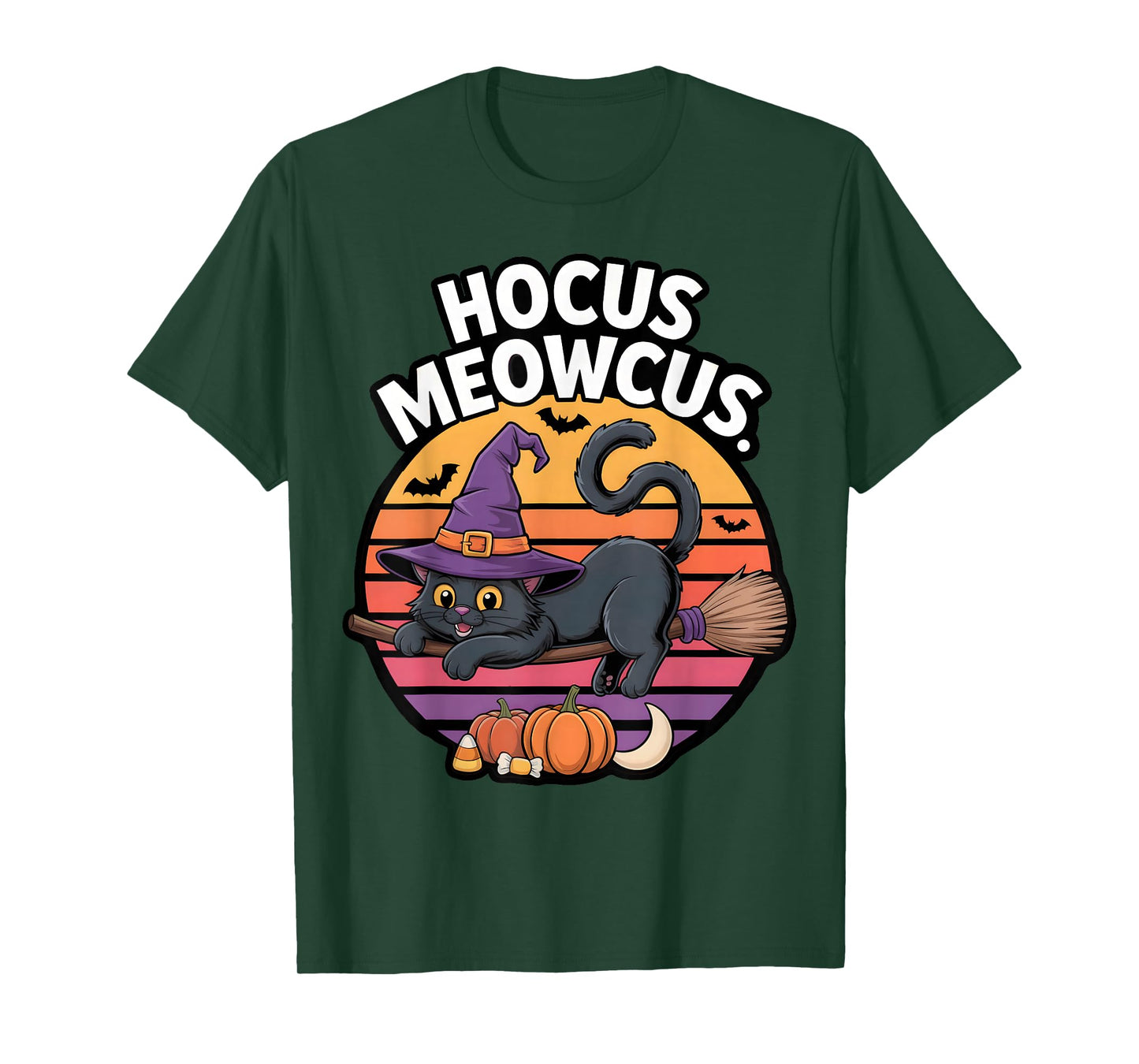 Hocus Meowcus Black Cat Witch Hat Broom Pumpkin Halloween T-Shirt