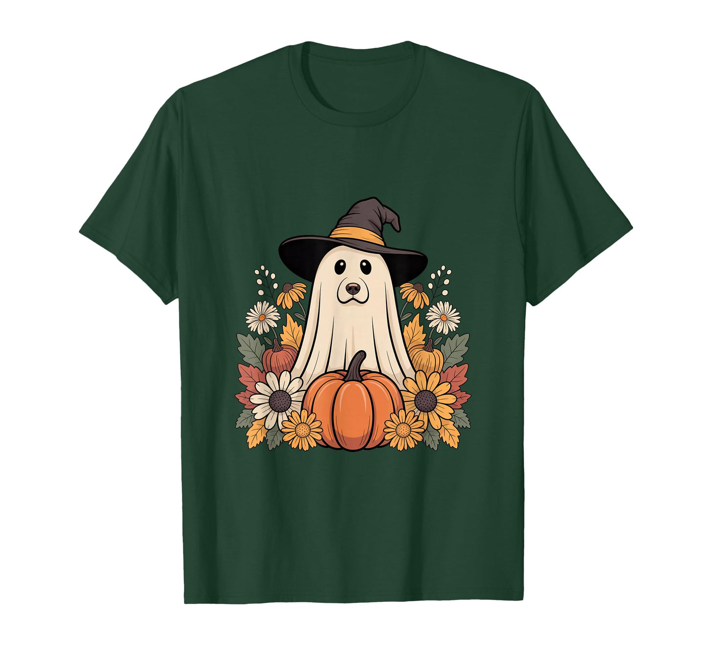 Dog Ghost with Witch Hat and Pumpkins T-Shirt