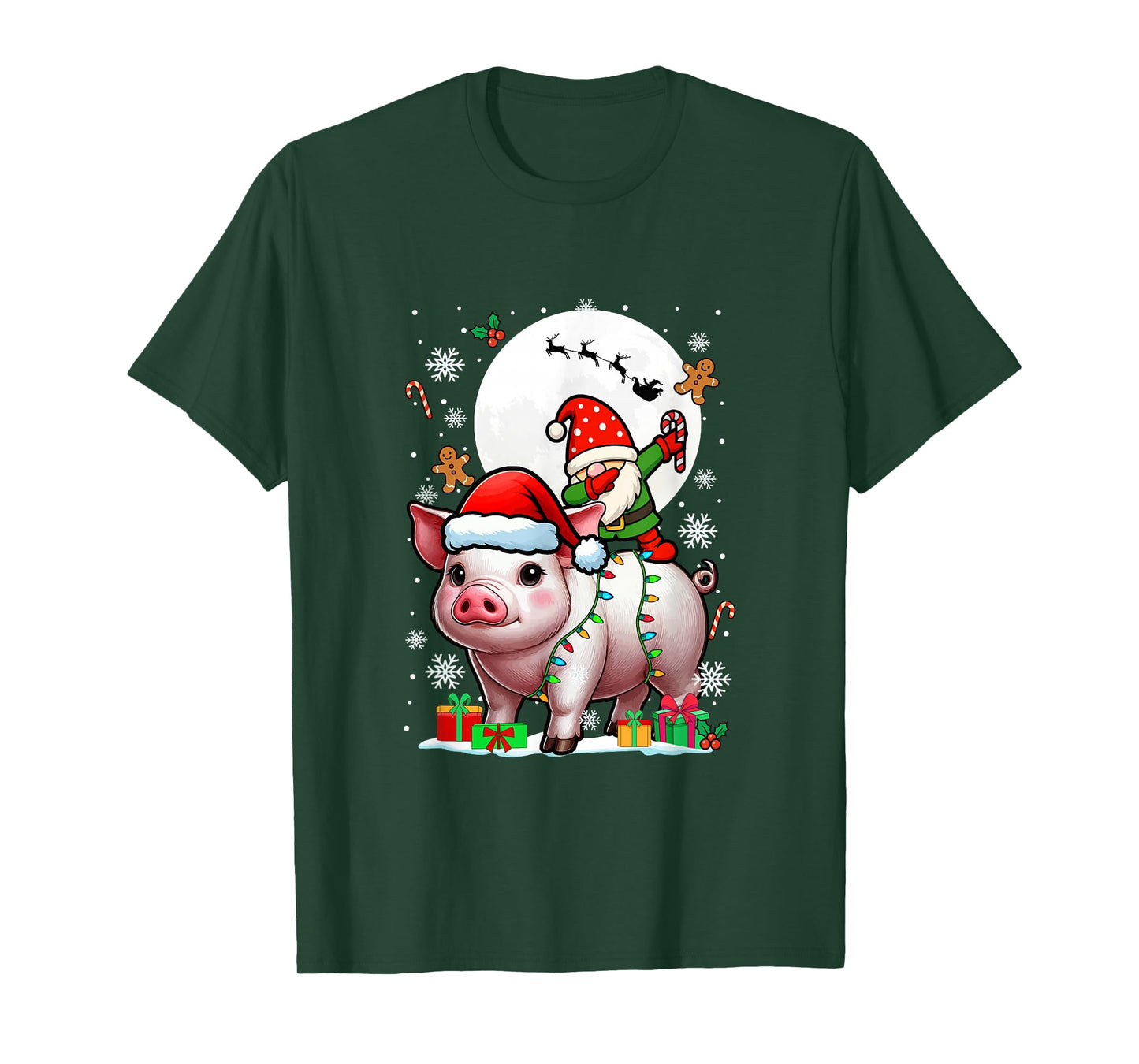 Dabbing Gnome On Pig Christmas Santa Colorful Lights T-Shirt