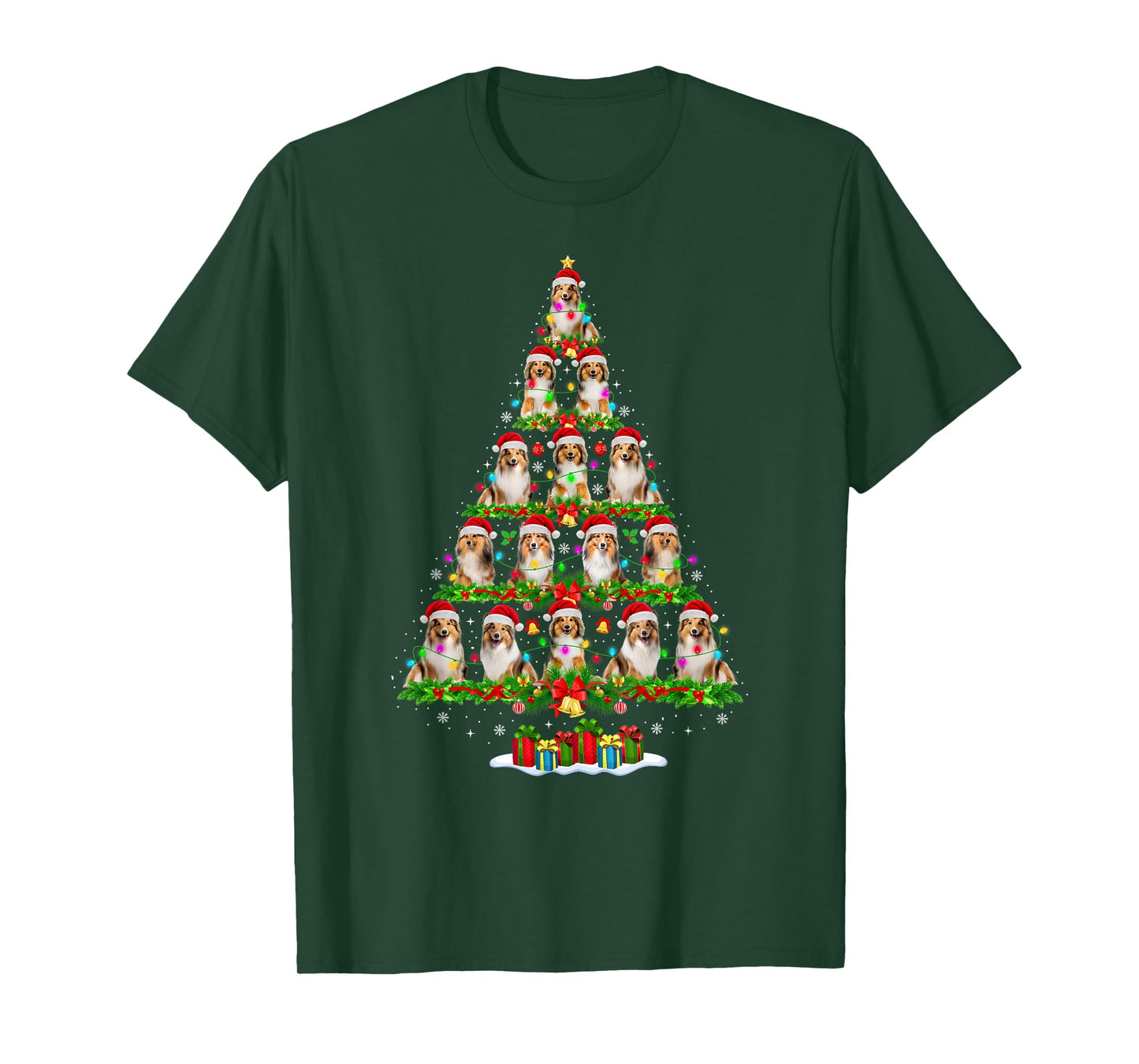 Sheltie Dog Christmas Tree Lights Funny Family Xmas Pajamas T-Shirt