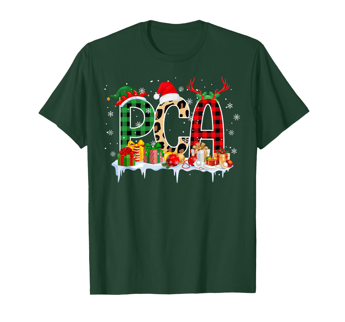 Leopard Red Plaid PCA Nursing Santa Hat Reindeer Christmas T-Shirt