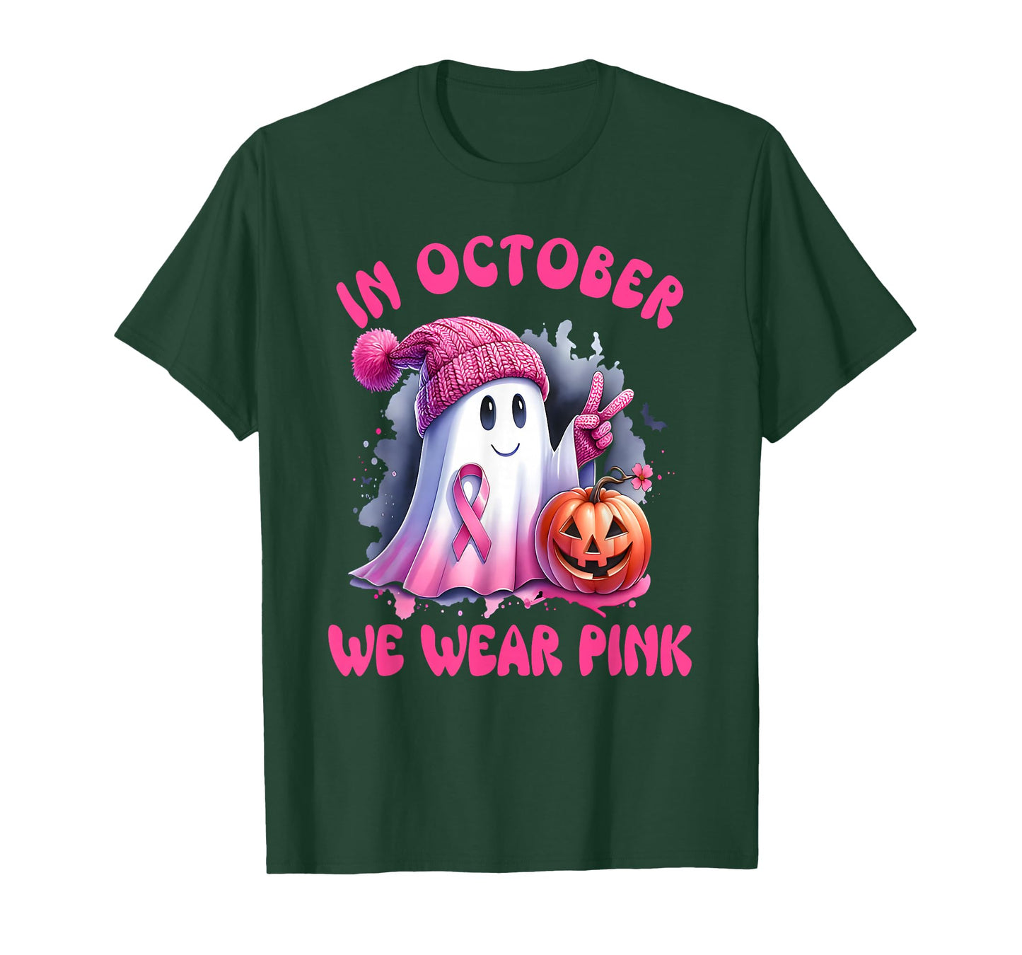 in October We Wear Pink Ghost Witch Breast Cancer Awareness T-Shirt