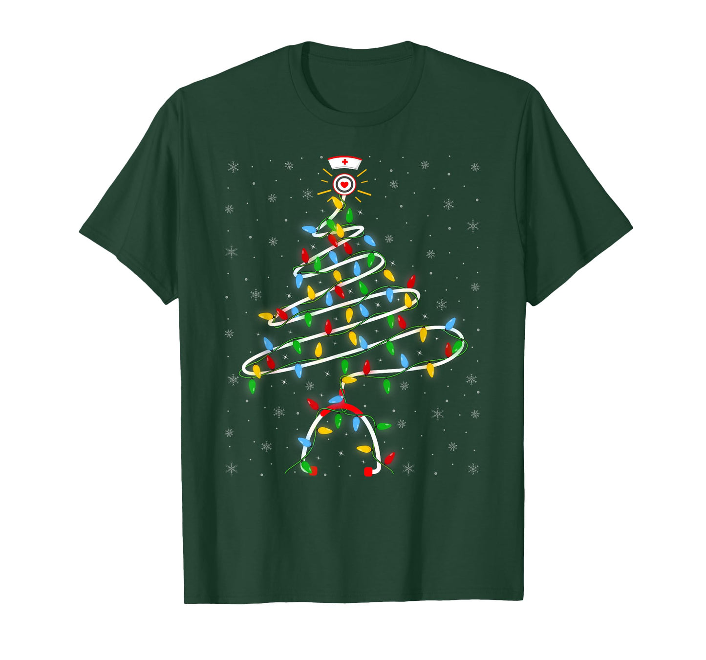 Nurse Stethoscope Christmas Tree Lights Funny Nursing Xmas T-Shirt