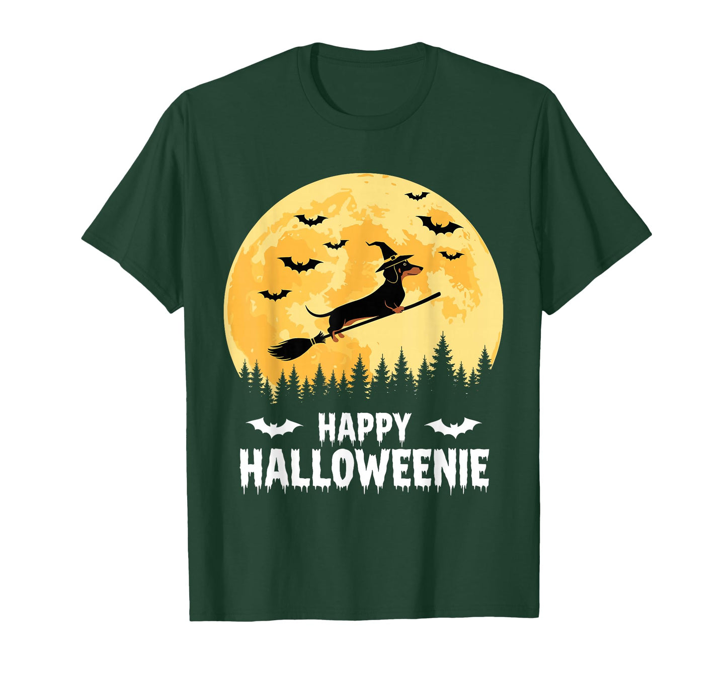 Happy Halloweenie Funny Halloween Dachshund Flying Witch T-Shirt