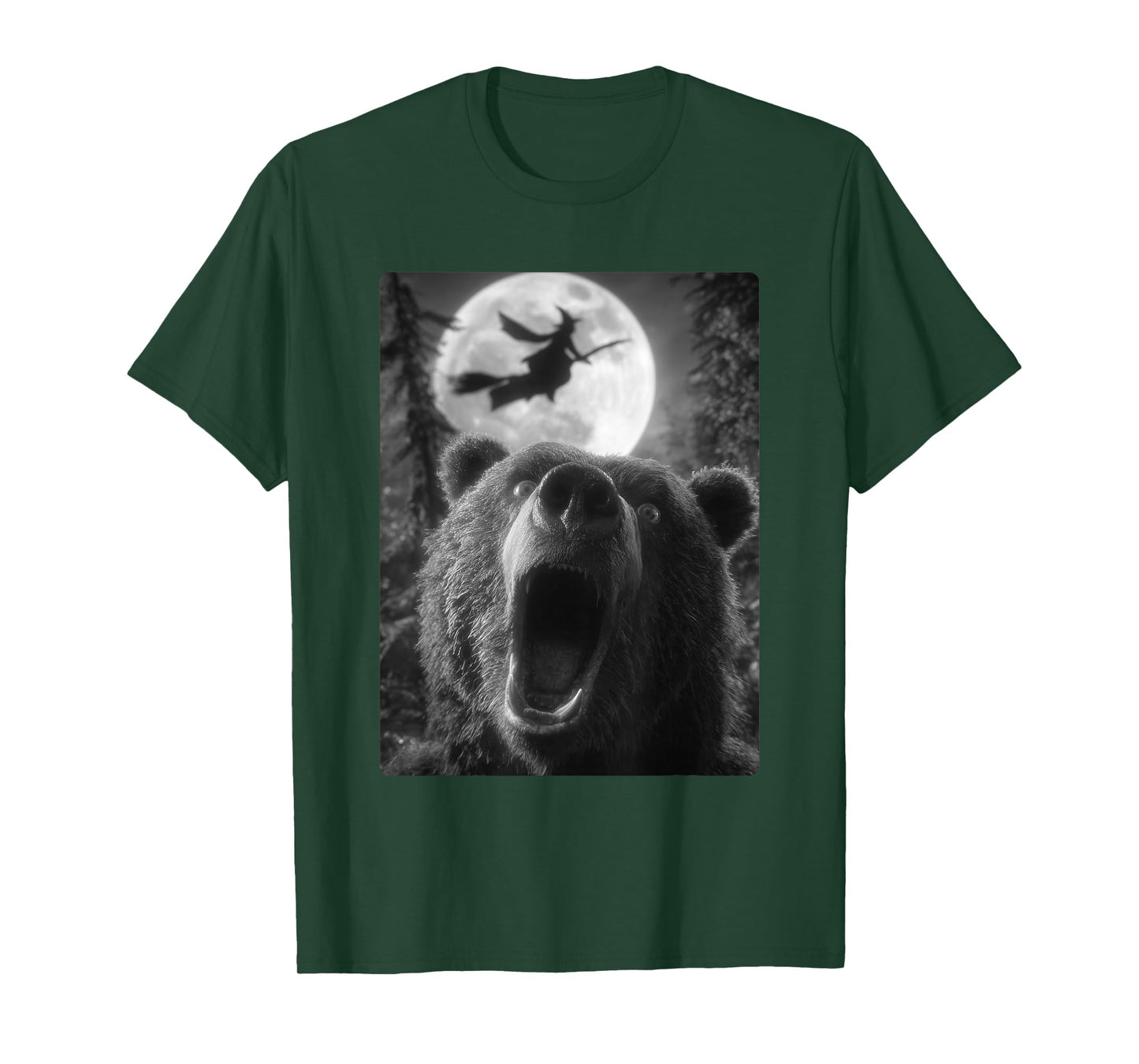 Funny Bear Selfie Full Moon Flying Witch Forest Halloween T-Shirt