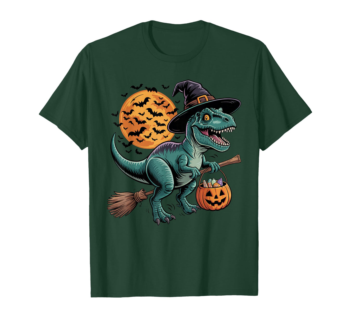 Cute Dinosaur Witch Riding Broom Halloween Pumpkin Kids Boys T-Shirt