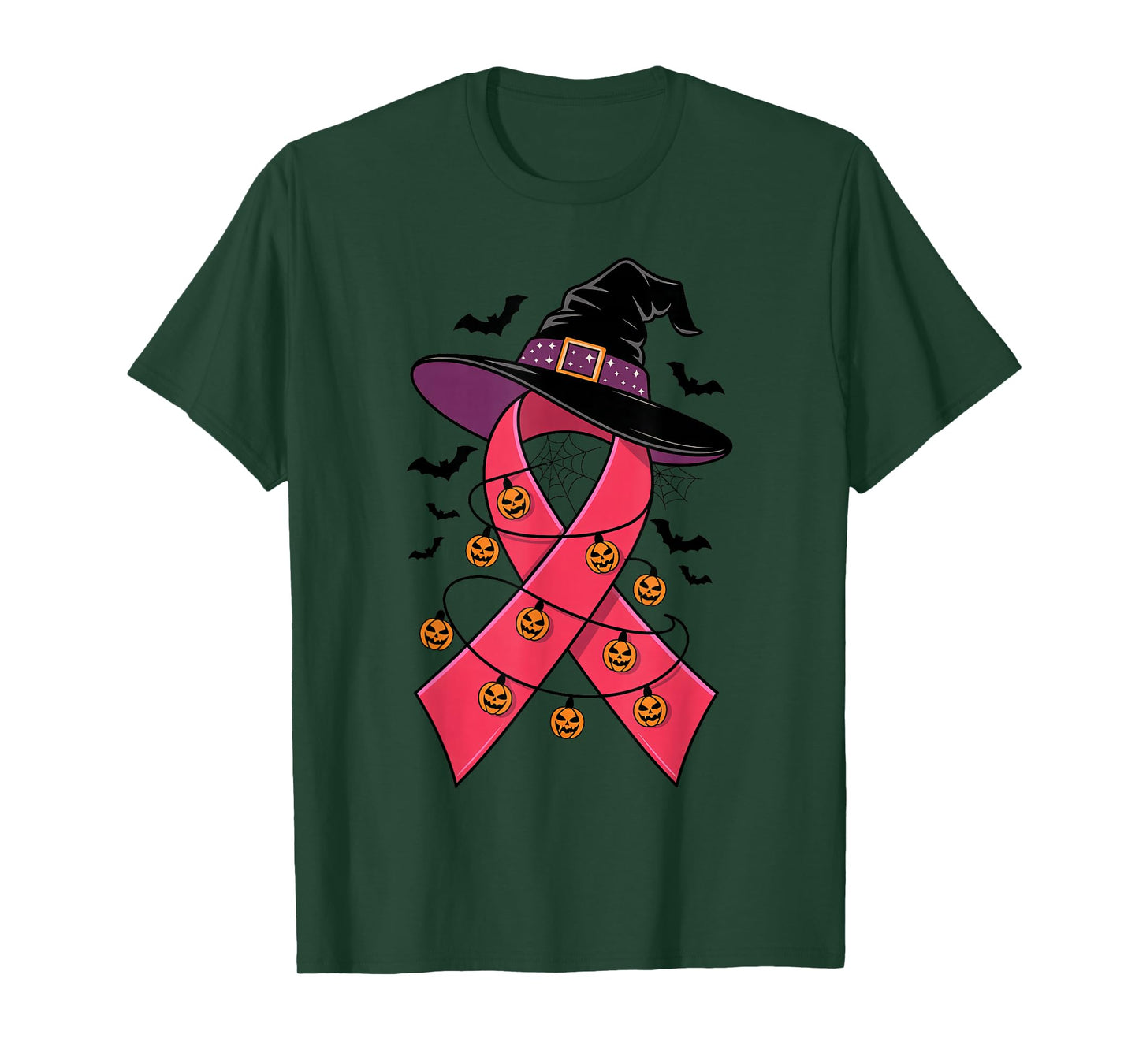 Pink Ribbon Witch Hat Halloween Breast Cancer Womens Girls T-Shirt