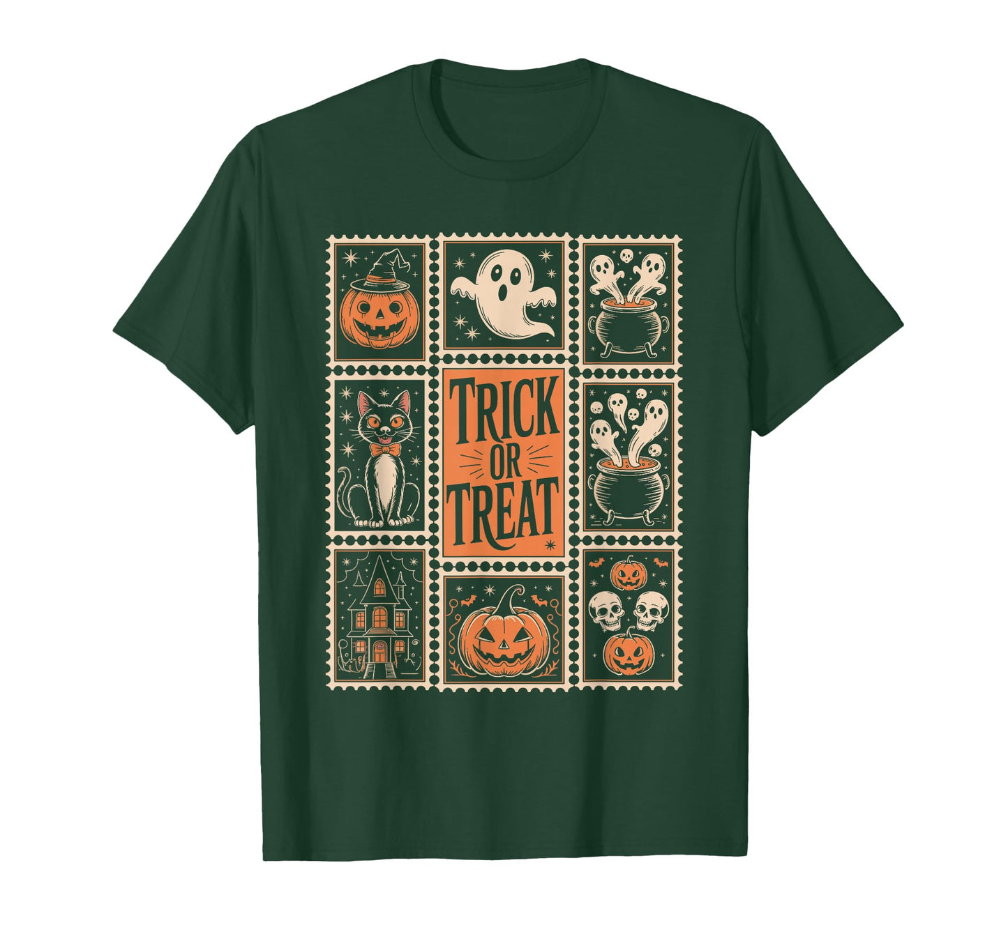 Halloween Stamps Spooky Pumpkin Ghost Cat Witch Skeleton T-Shirt