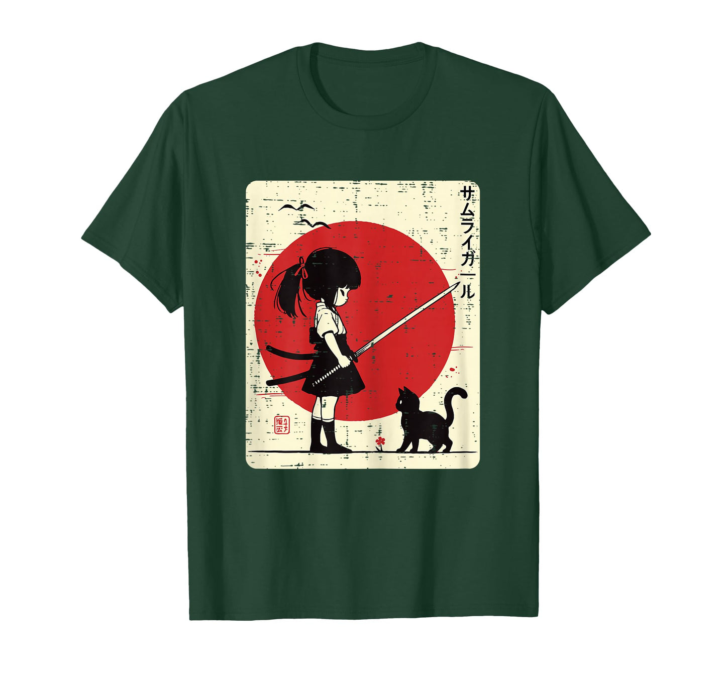 Japanese Samurai Girl Black Cat Kawaii Anime Girls Kid Women T-Shirt