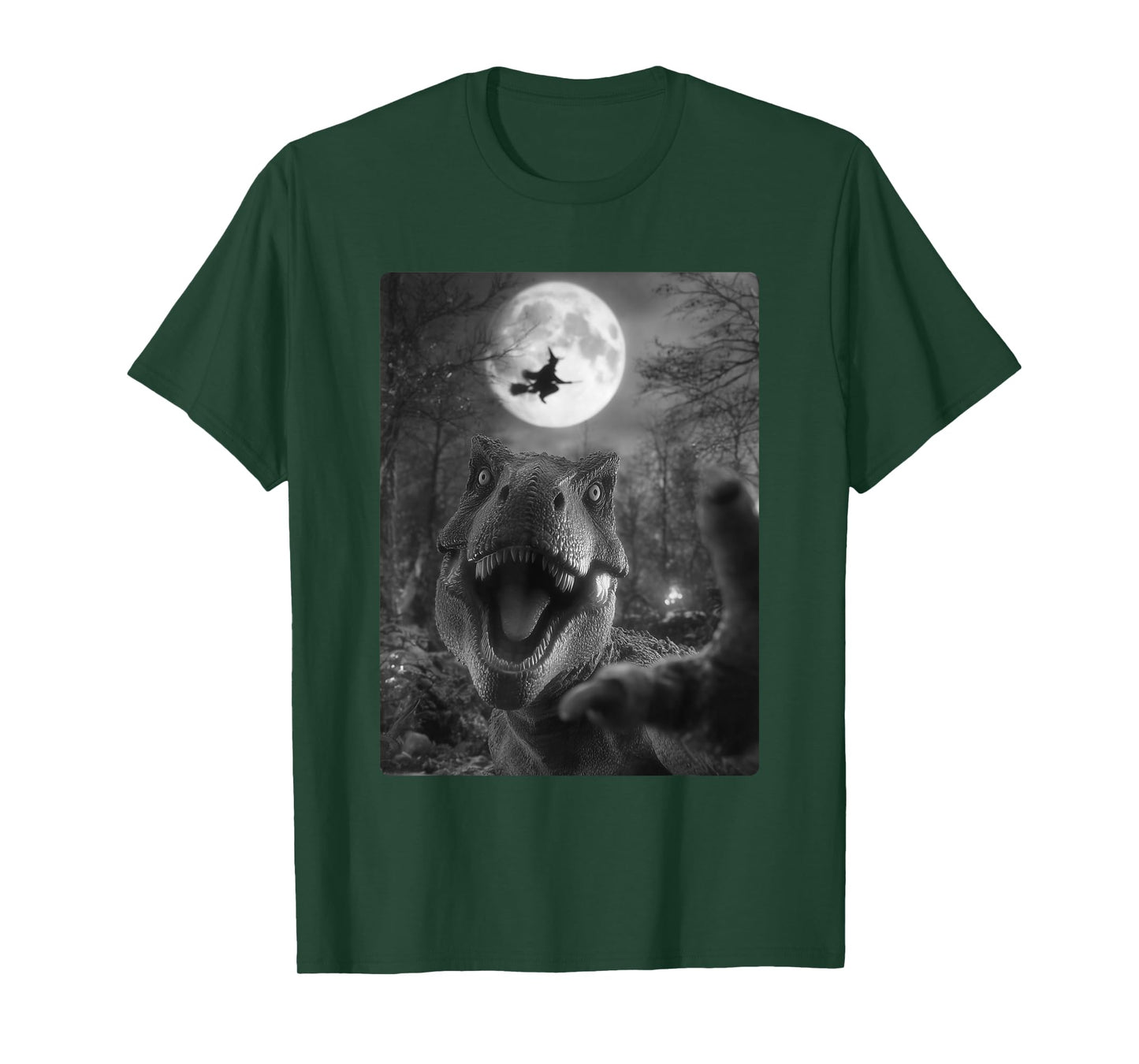 Funny T-rex Selfie Full Moon Flying Witch Dinosaur Halloween T-Shirt