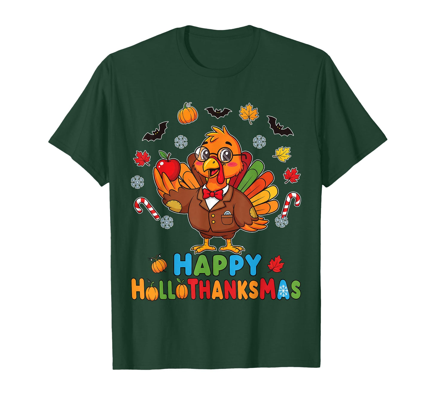 Funny Thanksgiving Happy HalloThanksMas Santa Lights Teacher T-Shirt