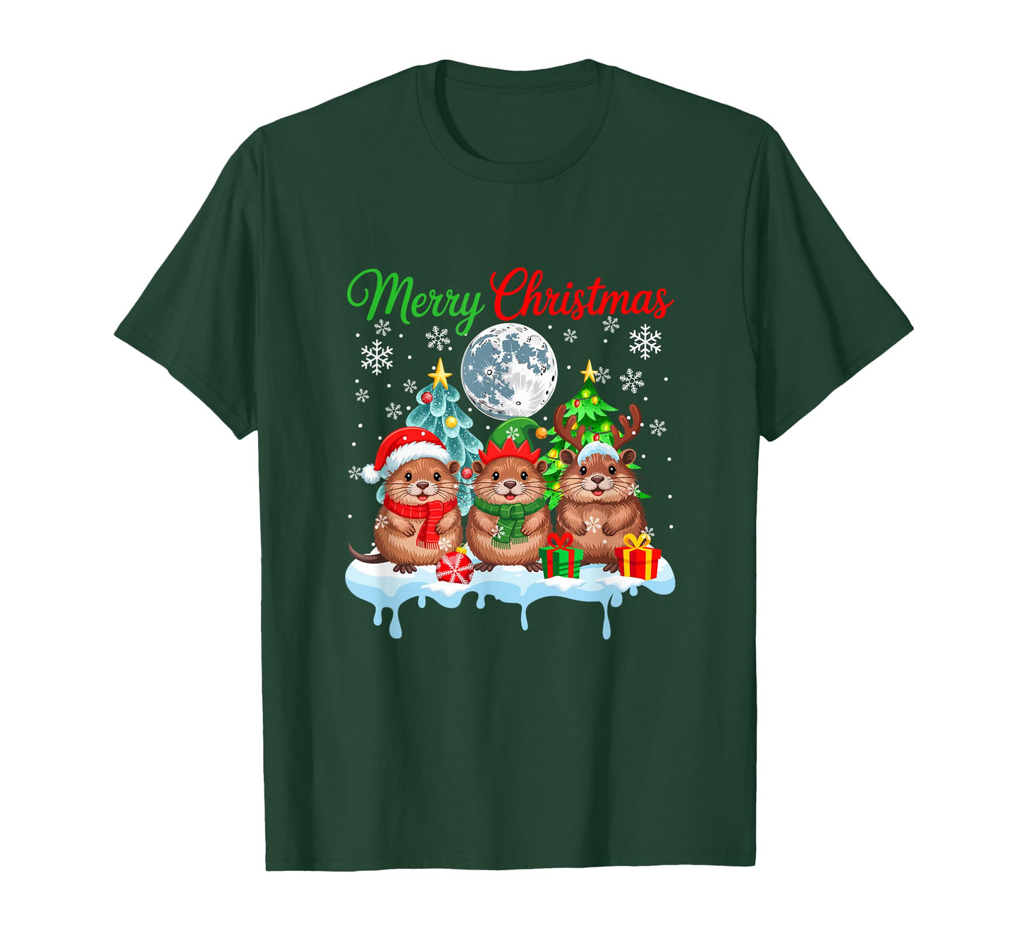 Merry Christmas Three Santa Elf Reindeer Muskrats Rodent T-Shirt