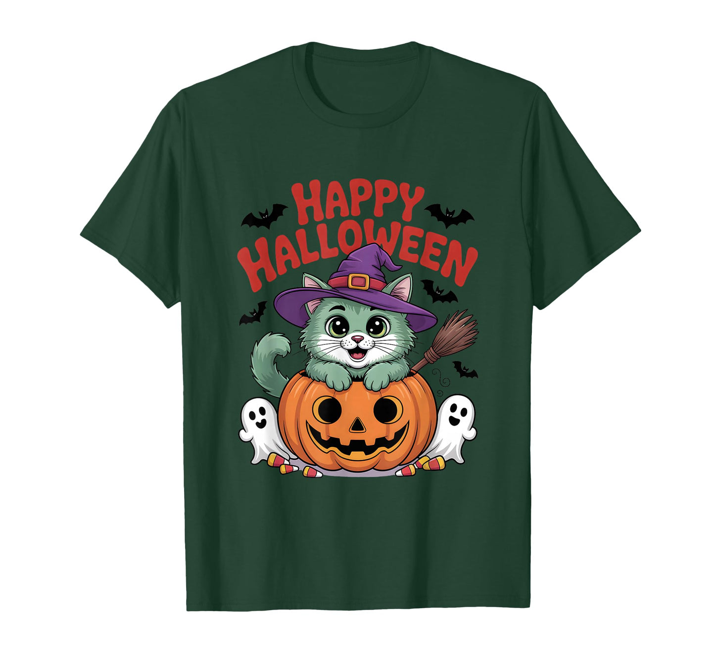 Cute Halloween Cat Witch Costume Pumpkin Ghost Candy Corn T-Shirt