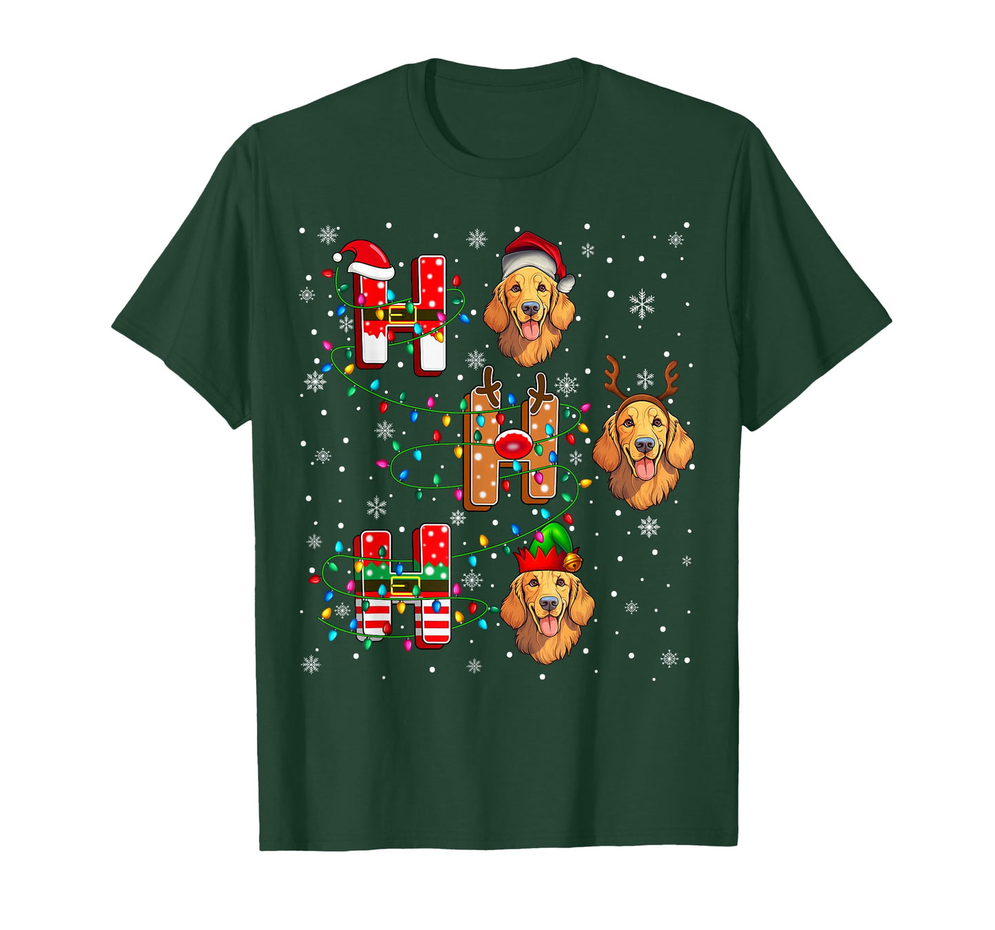 Ho Ho Ho Santa Reindeer Hat Elf Golden Retriever Dog Xmas T-Shirt