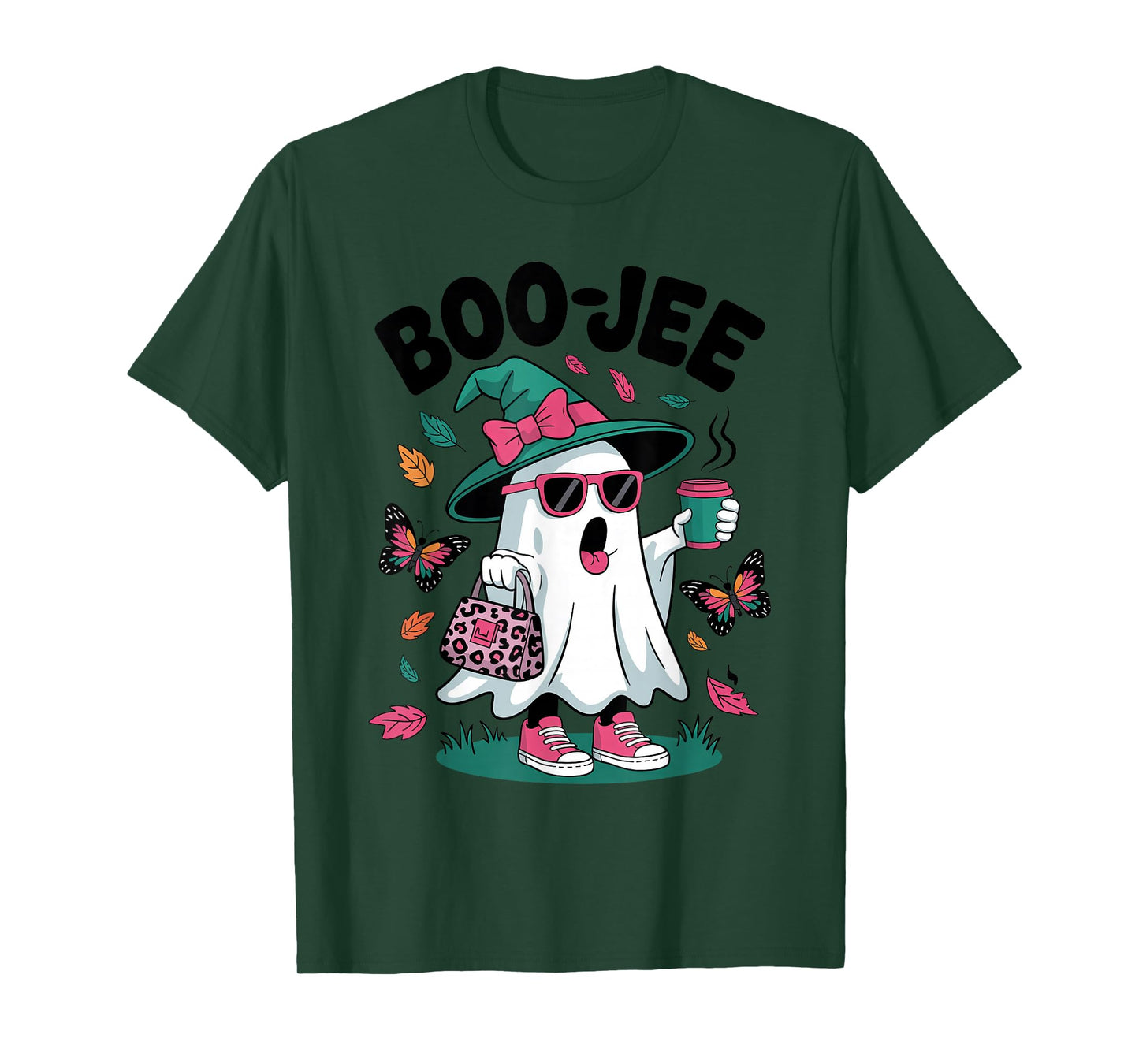 Leopard Ghost Drinking Coffee Witch Hat Boujee Halloween T-Shirt