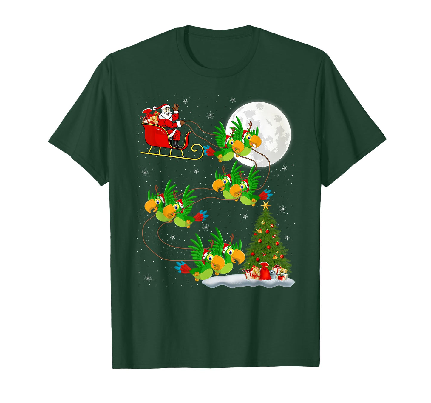 Parrots Bird Santa Sleigh Flying Funny Magical Christmas T-Shirt