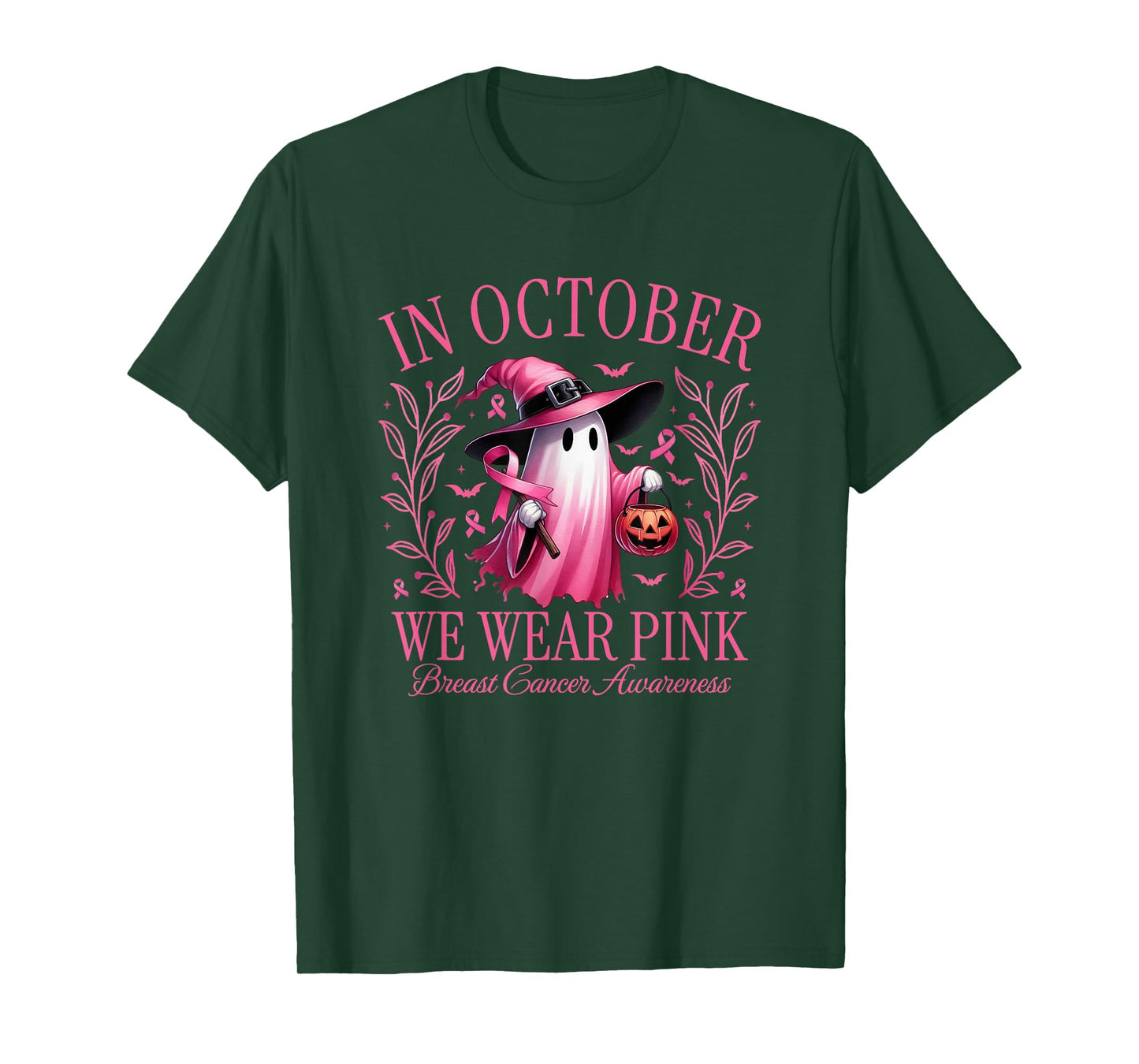 in October We Wear Pink Ghost Witch Halloween T-Shirt