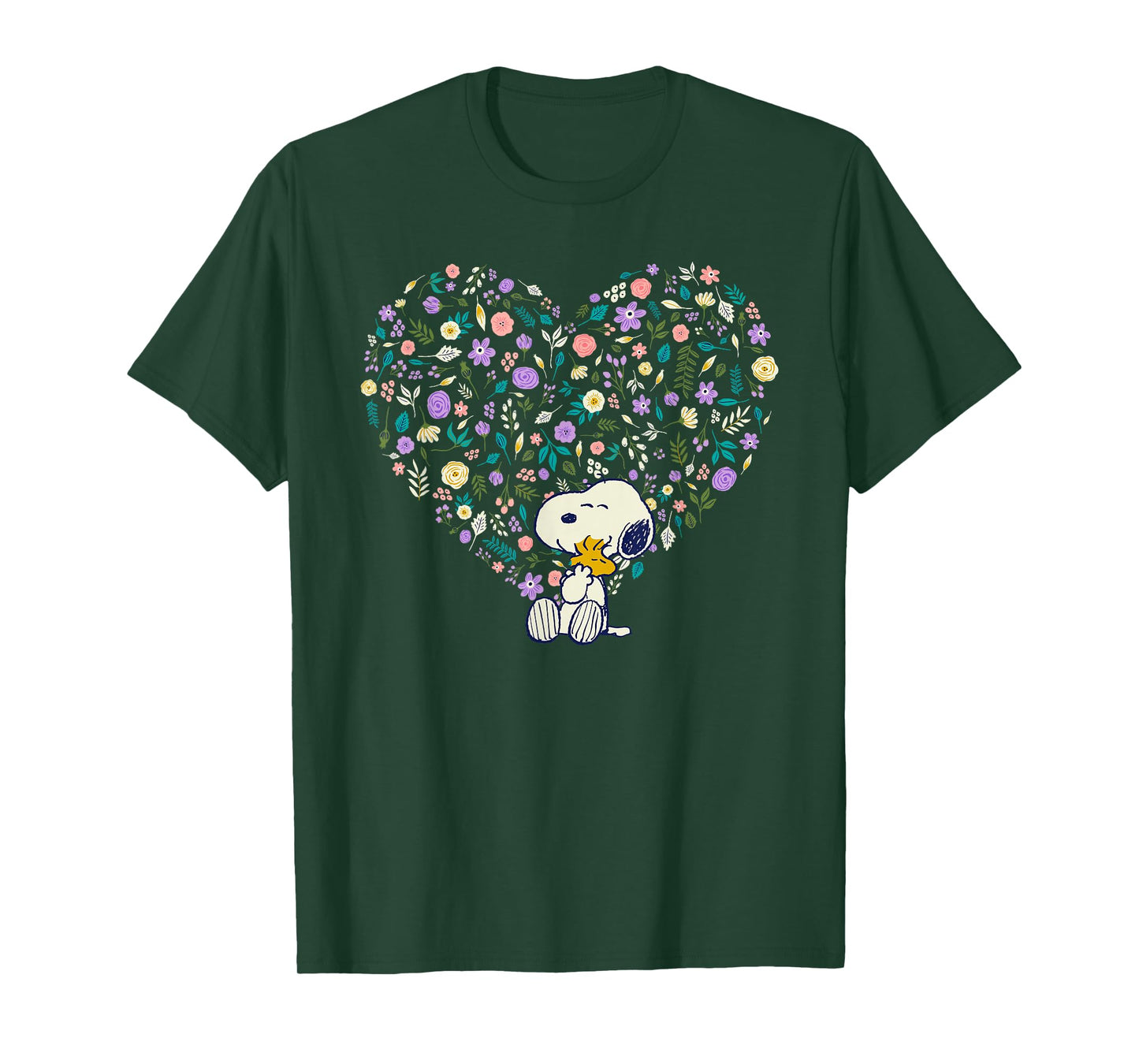Peanuts Snoopy & Woodstock Hug Floral Heart T-Shirt