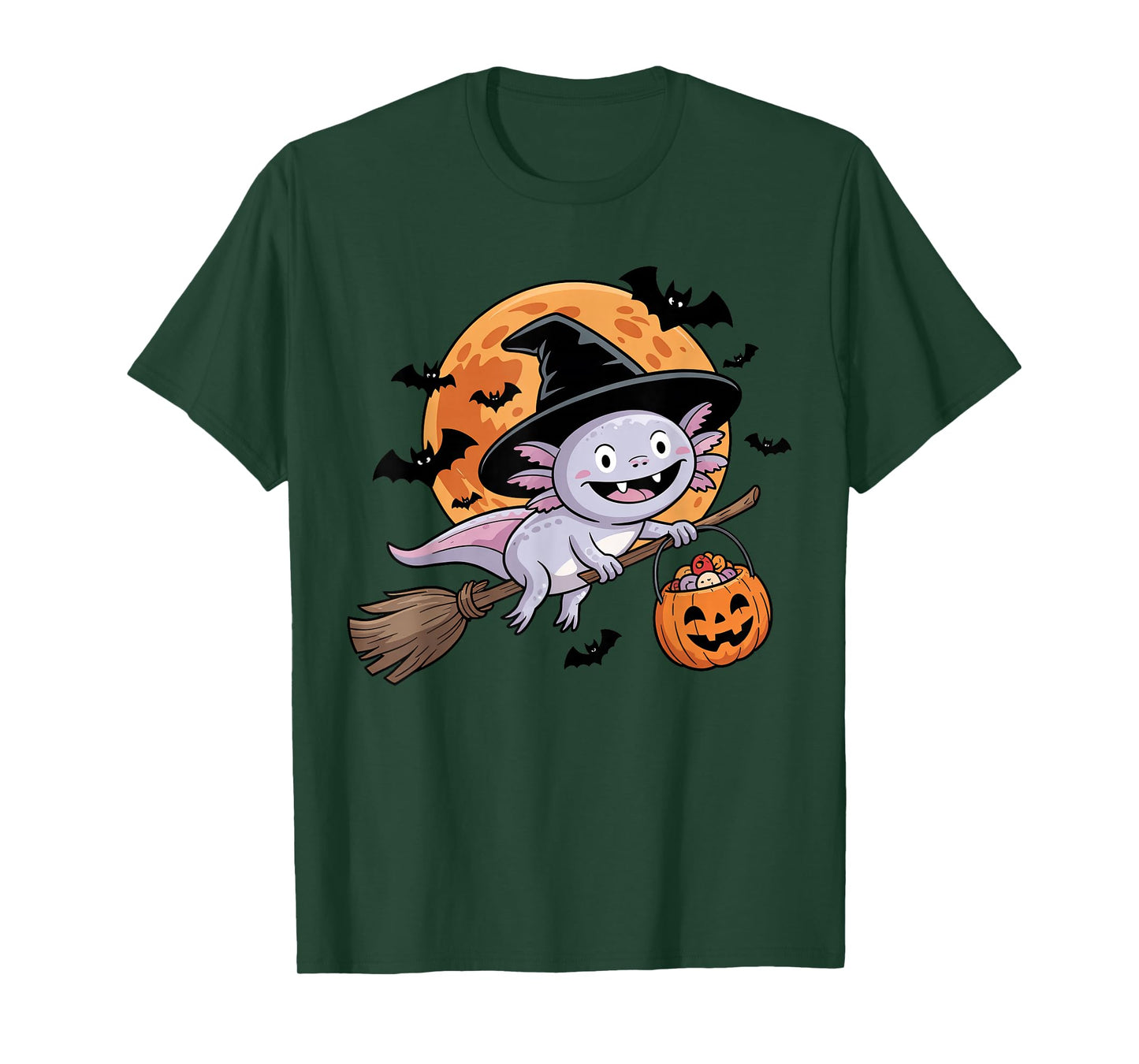 Cute Axolotl Witch with Jack-O-Lantern Pumpkin Halloween T-Shirt
