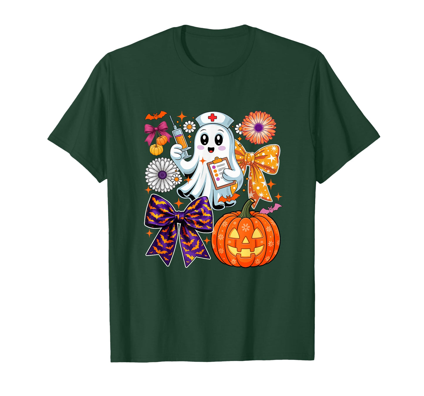 Halloween Boo Ghost As Nurse Colorful Bow Ties Flowers T-Shirt