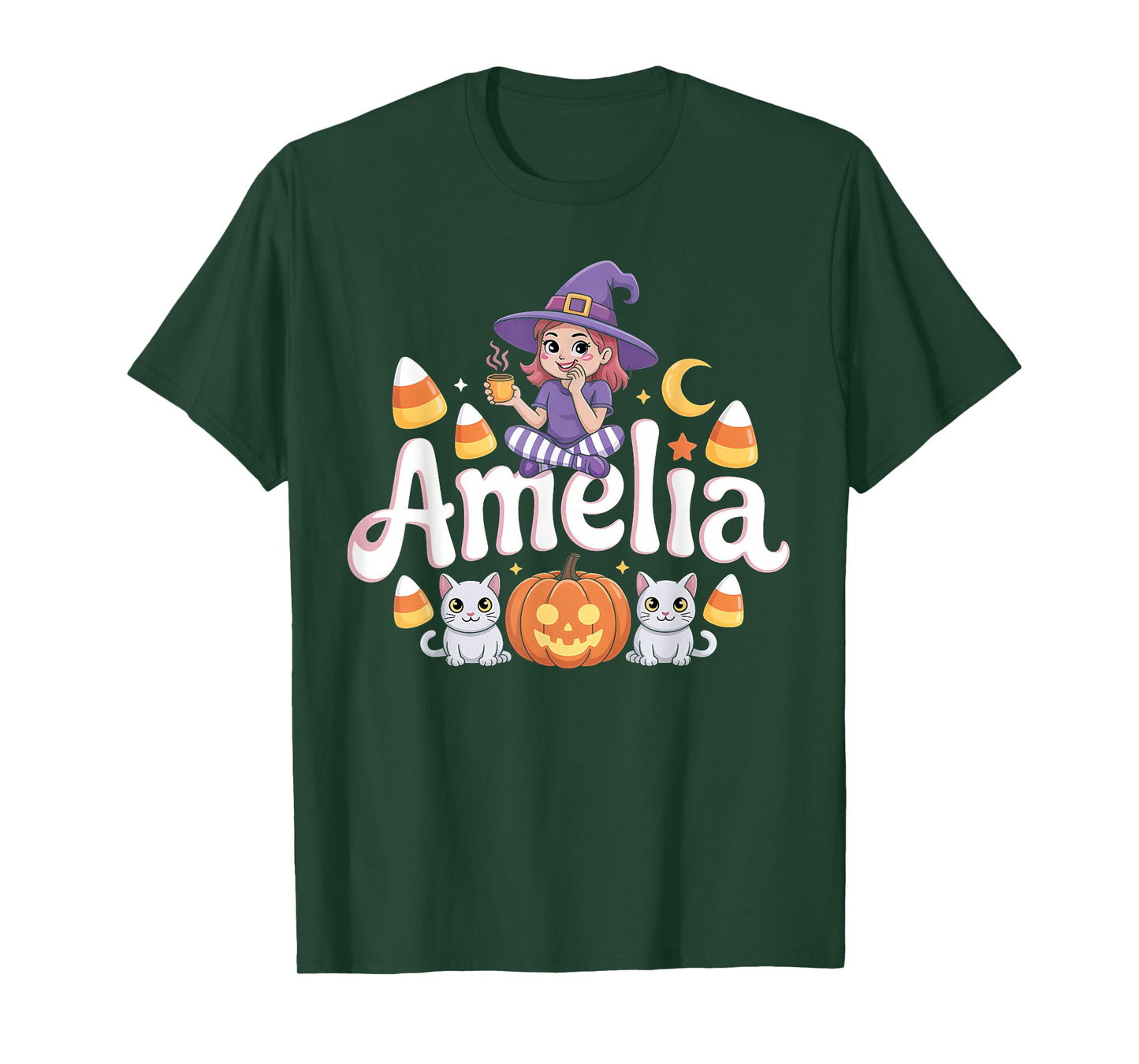 Amelia Witch Candy Corn Cat Halloween Women and Girls T-Shirt
