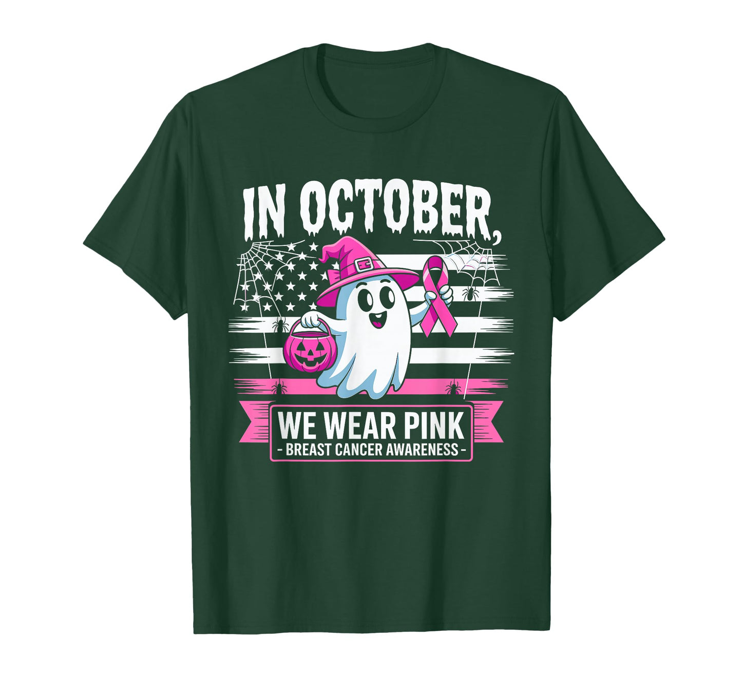 in October We Wear Pink Witch Halloween Breast Cancer Women T-Shirt