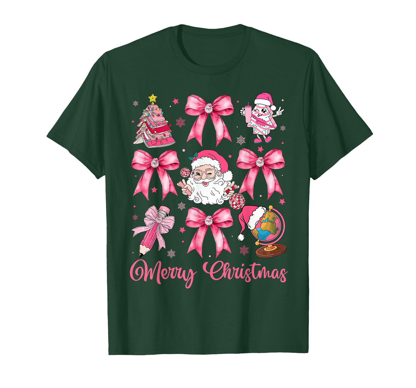 Merry Christmas Pink Santa Coquette Bow Teacher Girl Women T-Shirt